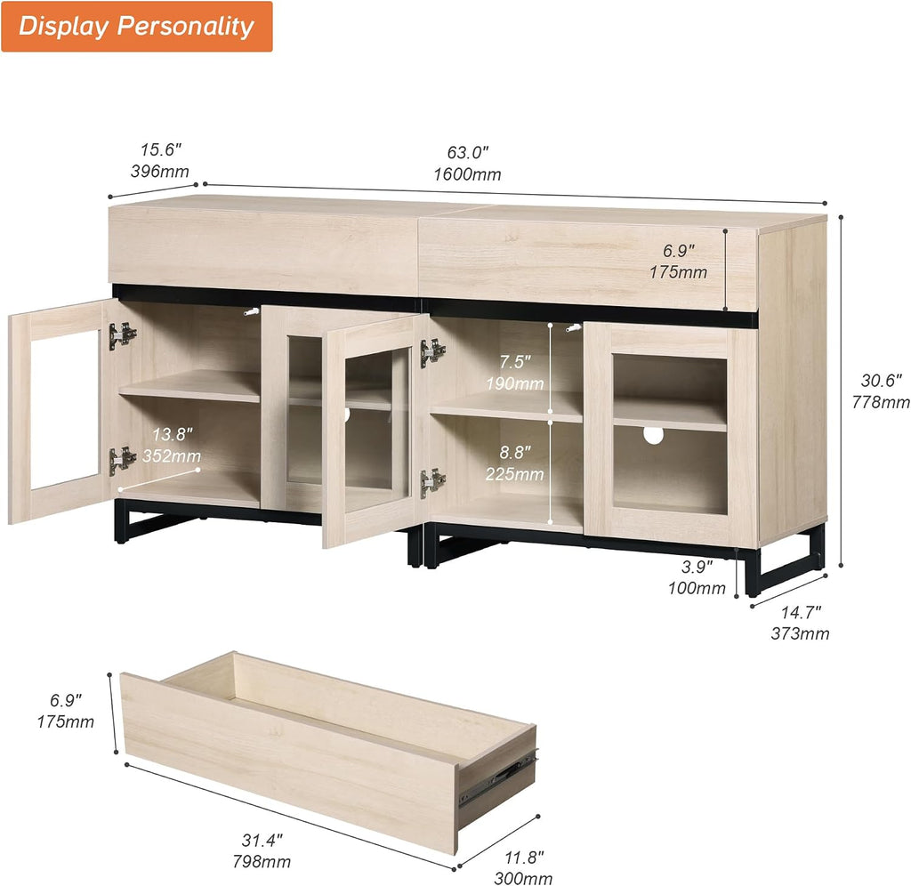 WAMPAT Sideboard Buffet Cabinets, Modern Credenza Sideboard with Adjustable Shelf and Metal Base, Coffee Bar Cabinet Accent Storage Cabinet for Living Room, Kitchen, Beige-B, 2 Pcs