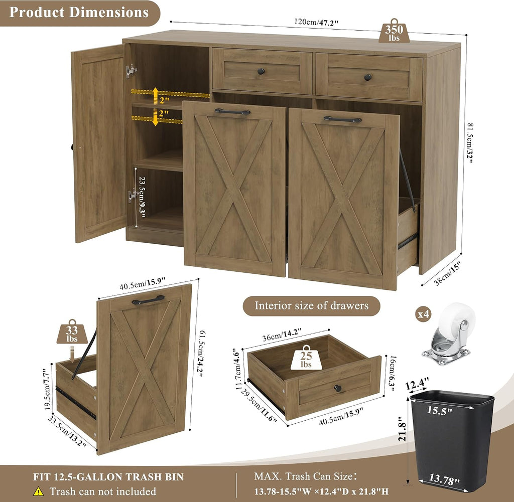 HOSTACK 12.5 Gallon Kitchen Trash Cabinet, 47' Double Trash Can Cabinet, Large Pull Out Can Storage Drawers, Wood Farmhouse Hidden Garbage Storage Buffet for Kitchen, Dining Room, Rustic Brown
