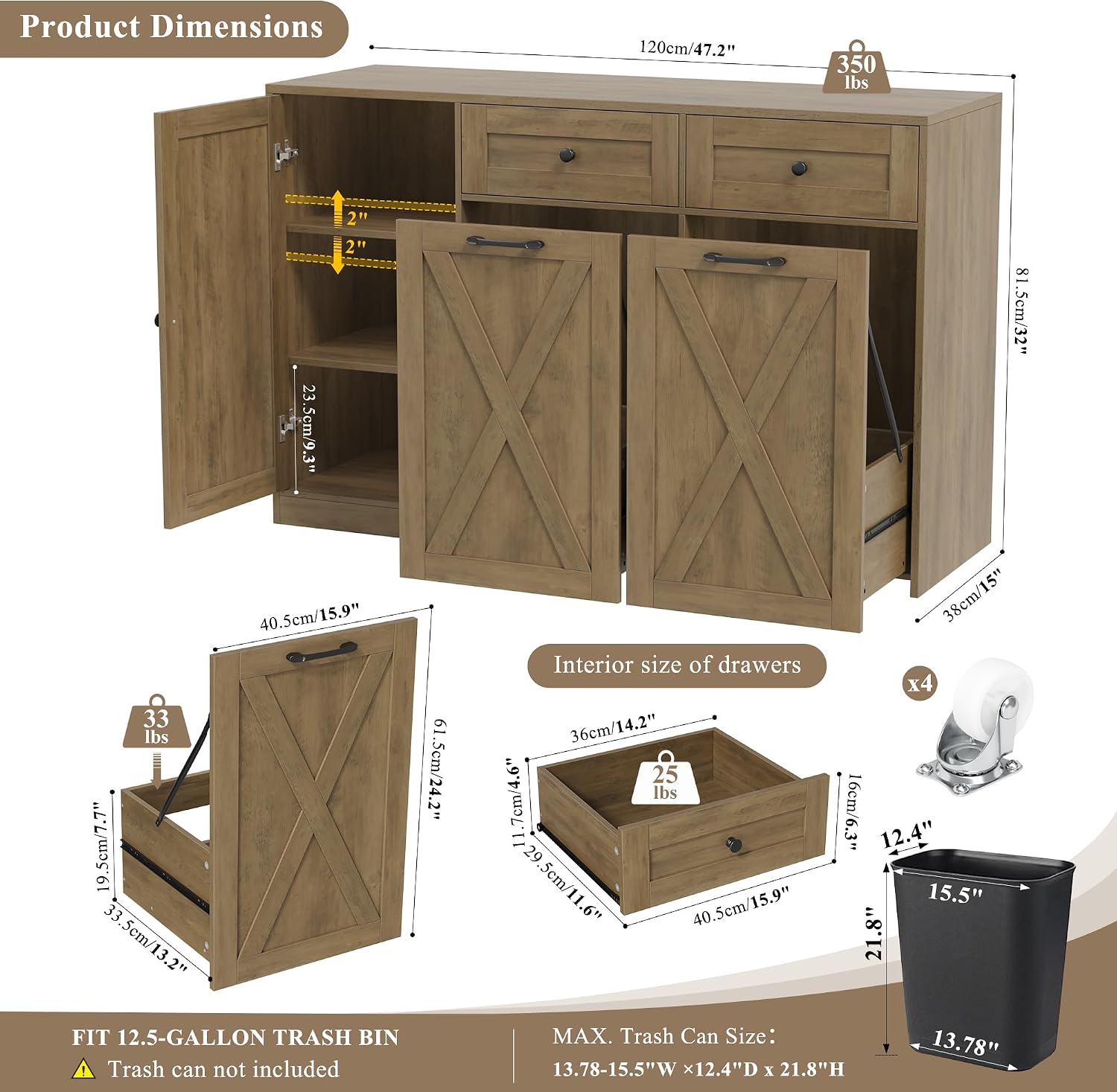 HOSTACK 12.5 Gallon Kitchen Trash Cabinet, 47' Double Trash Can Cabinet, Large Pull Out Can Storage Drawers, Wood Farmhouse Hidden Garbage Storage Buffet for Kitchen, Dining Room, Rustic Brown
