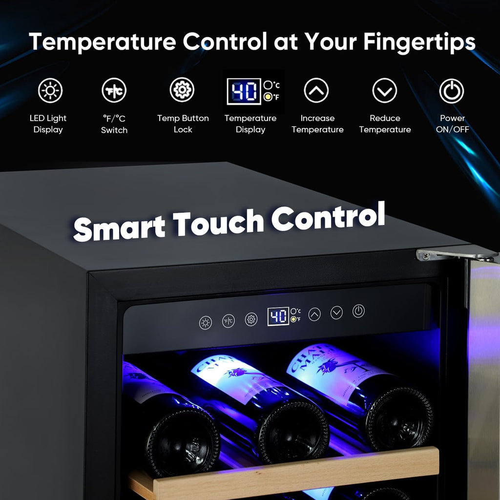 ORYMUSE 15 Inch Wine Cooler Under Counter, 30 Bottle Wine Fridge with Stainless Steel Glass Door, Built-In or Freestanding Wine Cellar with Removable Shelves and Digital Temperature Control