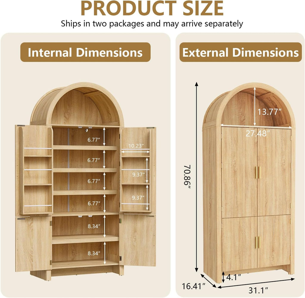 Arched Cabinet, 71' Tall Arched Kitchen Pantry Storage Cabinet with Doors, Modern Fluted Kitchen Storage Cabinet with Adjustable Shelves, Natural Cupboard for Kitchen, Dining Room, Bathroom