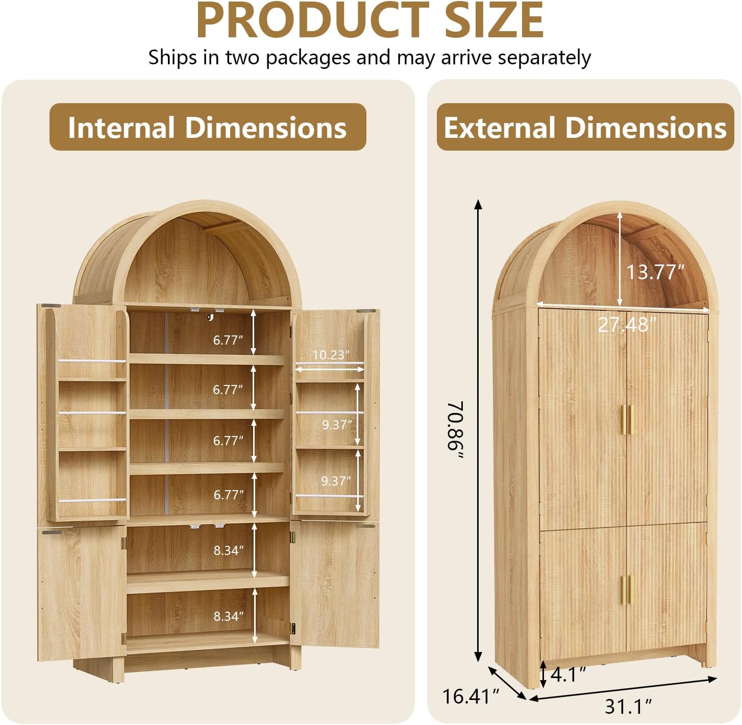 Arched Cabinet, 71' Tall Arched Kitchen Pantry Storage Cabinet with Doors, Modern Fluted Kitchen Storage Cabinet with Adjustable Shelves, Natural Cupboard for Kitchen, Dining Room, Bathroom
