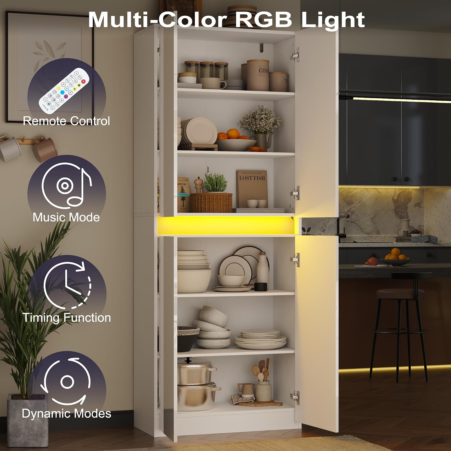 Furnify 71' Tall Pantry Storage Cabinet, Kitchen Pantry with High Gloss Doors, Modern Buffet Hutch Cabinet with Led Light and Adjustable Shelves for Dining Room, Living Room, White