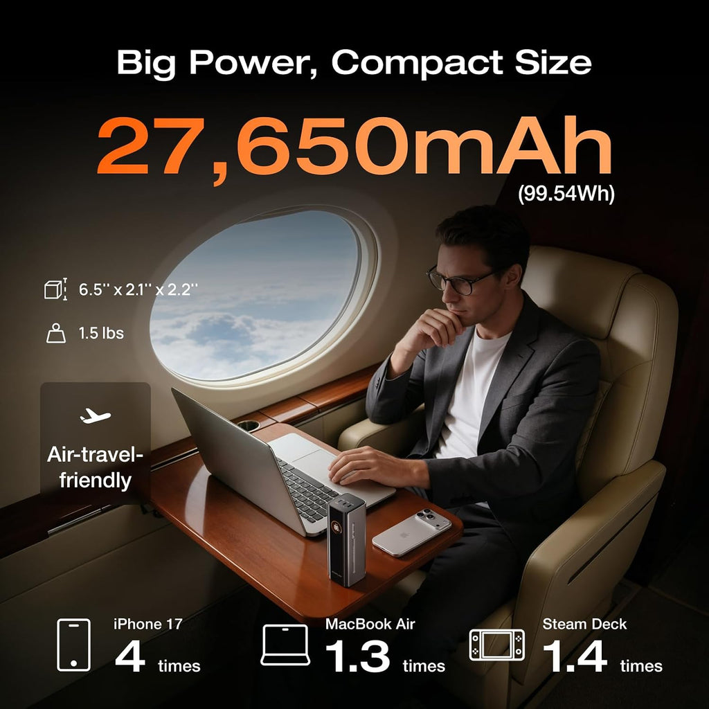 EF ECOFLOW Rapid Pro Power Bank, 4-Port with 300W Max Output, Portable Charger with 140W Built-in Cable, TSA-Approved, Smart APP, 3950x7mAh, for MacBook Pro/Air, iPhone 17/16 Series, Laptops, and More