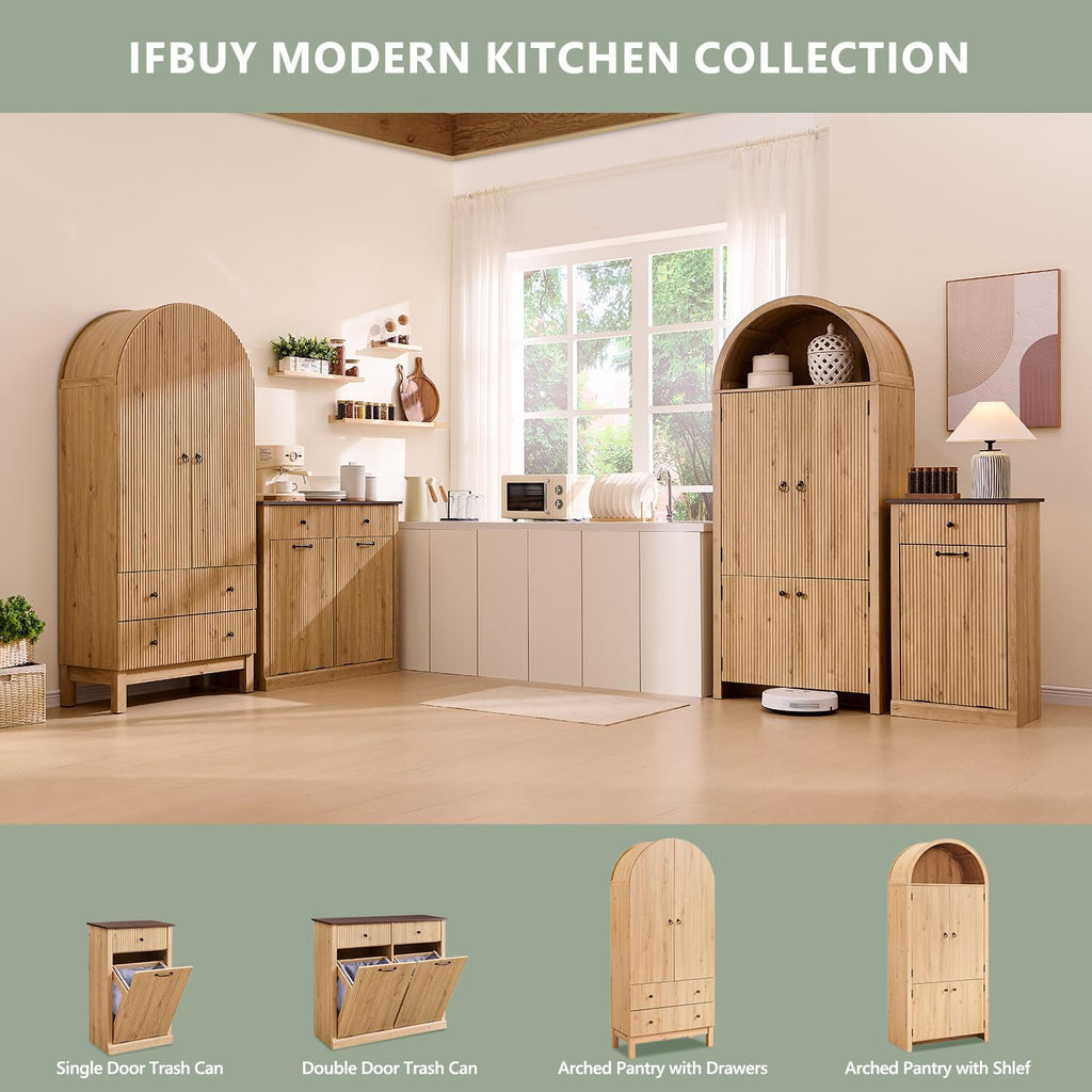 IFBUY 71' Tall Arched Bathroom Storage Cabinet, Modern Fluted Storage Cabinet w/Doors, 3 Adjustable Shelves, 6 Door Shelves, Wood Freestanding Cabinet for Bathroom, Entryway, Hallway, Natural