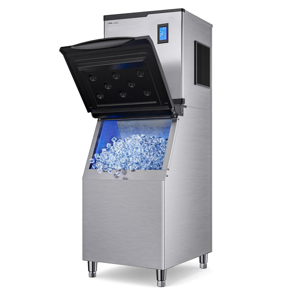 Coolake 360 lb. Commercial Ice Machine Storage Bin, 26' Stainless Steel Space Saving Footprint Ice Bin with Convenient Lift-up Door, Filter, Scoop, Adjustable Feet, for Bar Restaurant Shop