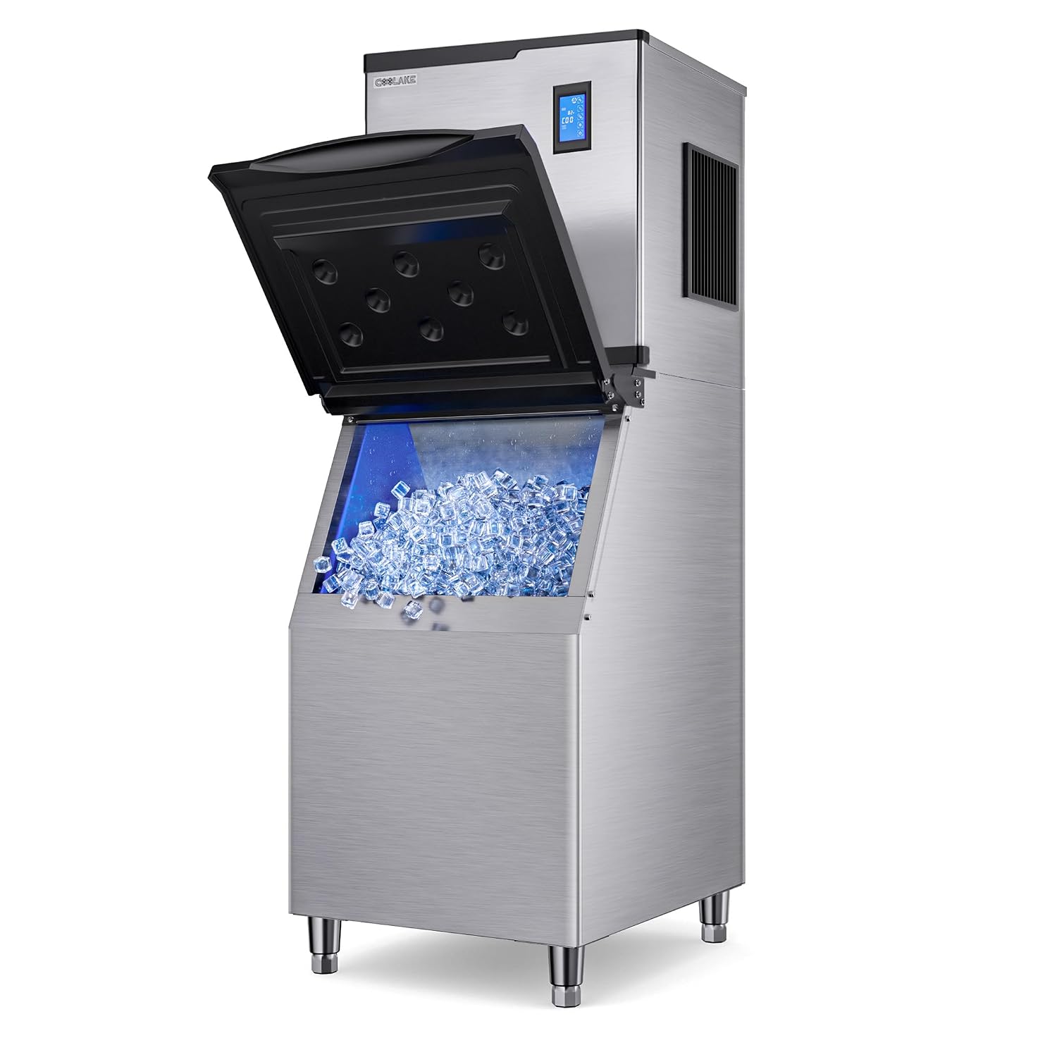 Coolake 360 lb. Commercial Ice Machine Storage Bin, 26' Stainless Steel Space Saving Footprint Ice Bin with Convenient Lift-up Door, Filter, Scoop, Adjustable Feet, for Bar Restaurant Shop