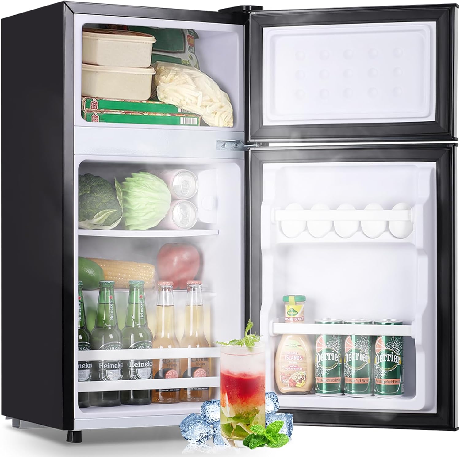 DEMULLER Retro Mini Fridge with Freezer Dual Door Apartment Size Small Refrigerator with Egg Tray, Dorm Mini Fridge with Removable Plastic Shelves, 2.4Cu.ft, 14.96' D x 14.57' W x 30.8' H, Silver