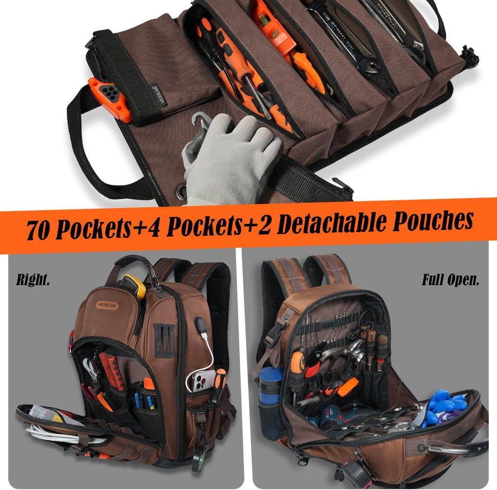 WELKINLAND 70Pockets HVAC Tool Backpack With Tool Roll, 4-Piece Electrical Backpack With Tools Roll Bags, Hard Bottom Electrician Back Pack, Tools Back Pack For Men Heavy Duty