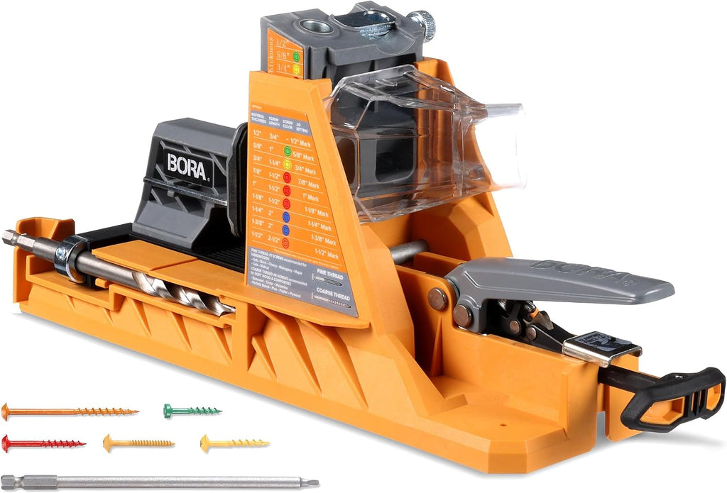 BORA Automatic Pocket Hole Jig with 50 Color-Coated Screws, Auto Adjusting Drill Guide, Pocket Hole Jig Kit for Woodworking - For Materials 1/2 inch to 1 1/2 inch Thick, Power Tool Accessory Jigs