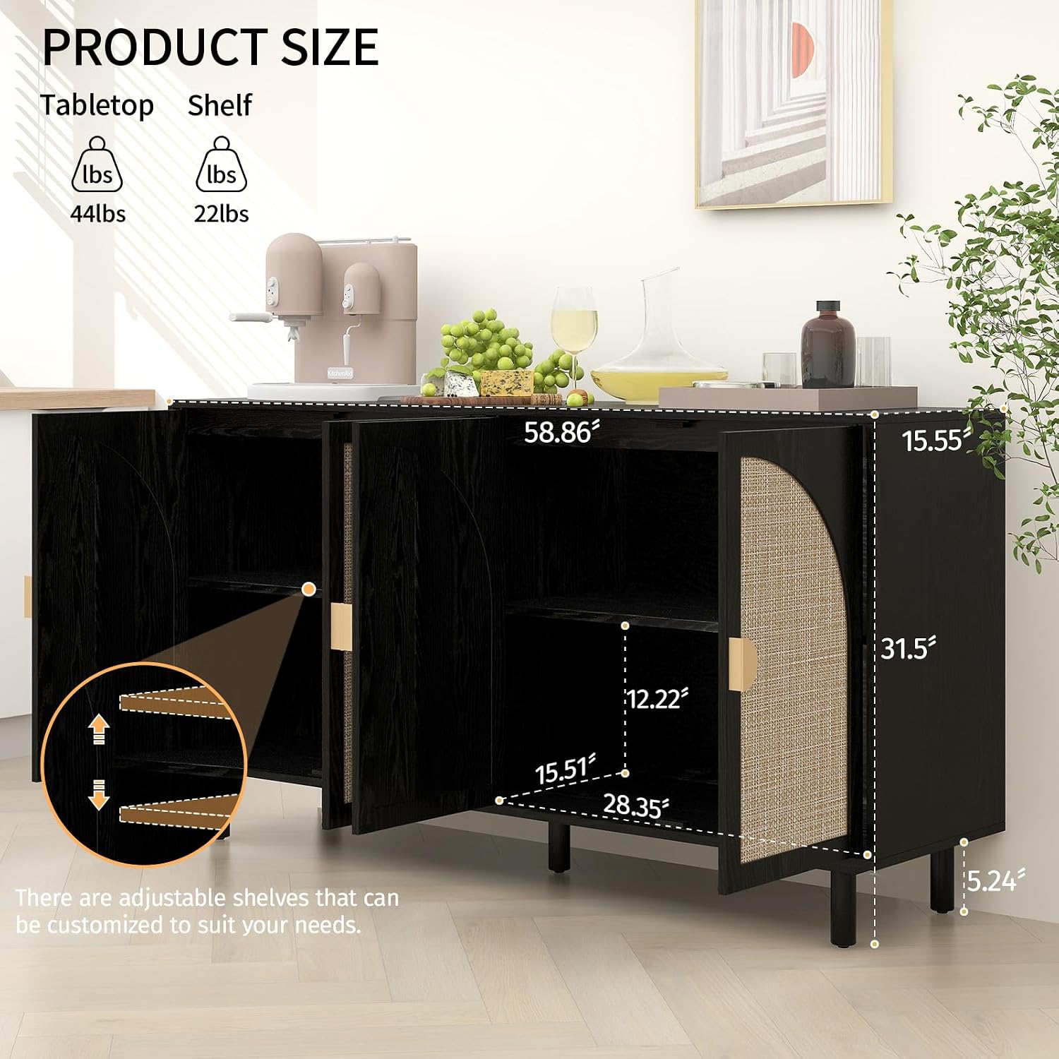 vistavie Black Rattan Buffet 4-Door Storage Cabinet with Adjustable Shelves, Solid Pine Legs, Sideboard TV Stand for Living Room, Coffee Bar for Dining Room & Kitchen