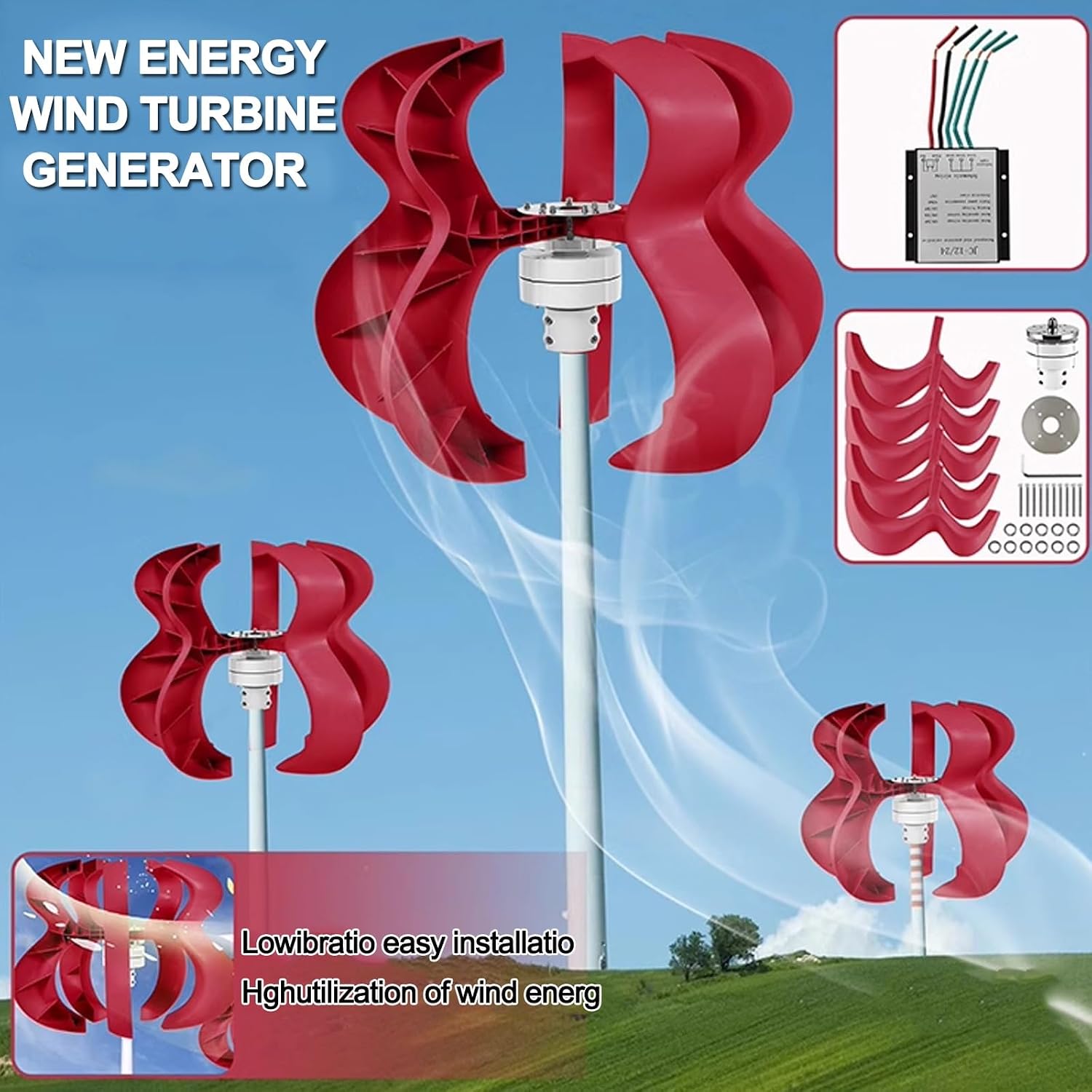 Small Vertical Axis Wind Turbine with Controller, 1000w Windmill Generator, 360° Horizontal Automatic Windward Adjustment, 5 Blades Rotate Smoothly(24v)