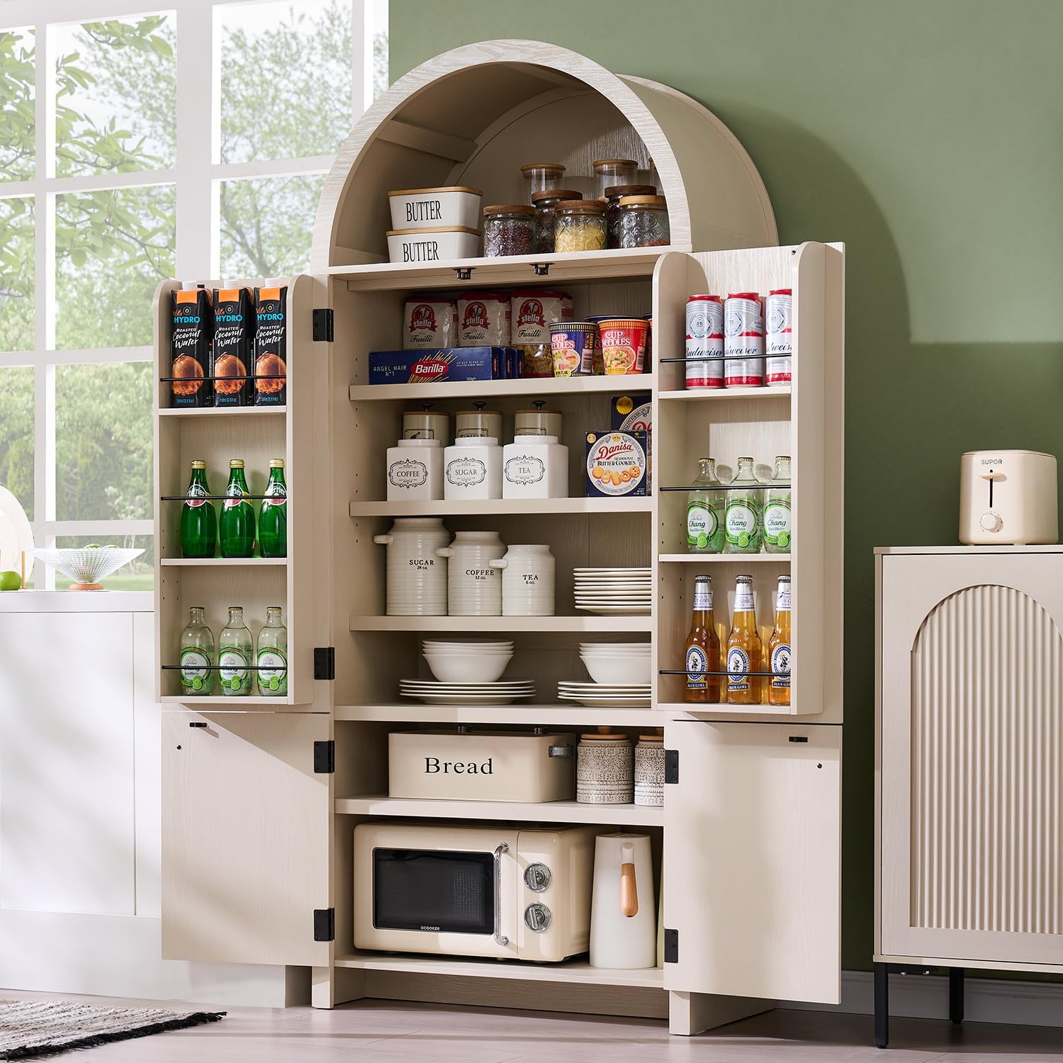 IFBUY 71' Tall Arched Bathroom Storage Cabinet, Modern Fluted Storage Cabinet w/Doors, 3 Adjustable Shelves, 6 Door Shelves, Wood Freestanding Cabinet for Bathroom, Entryway, Hallway, Cream