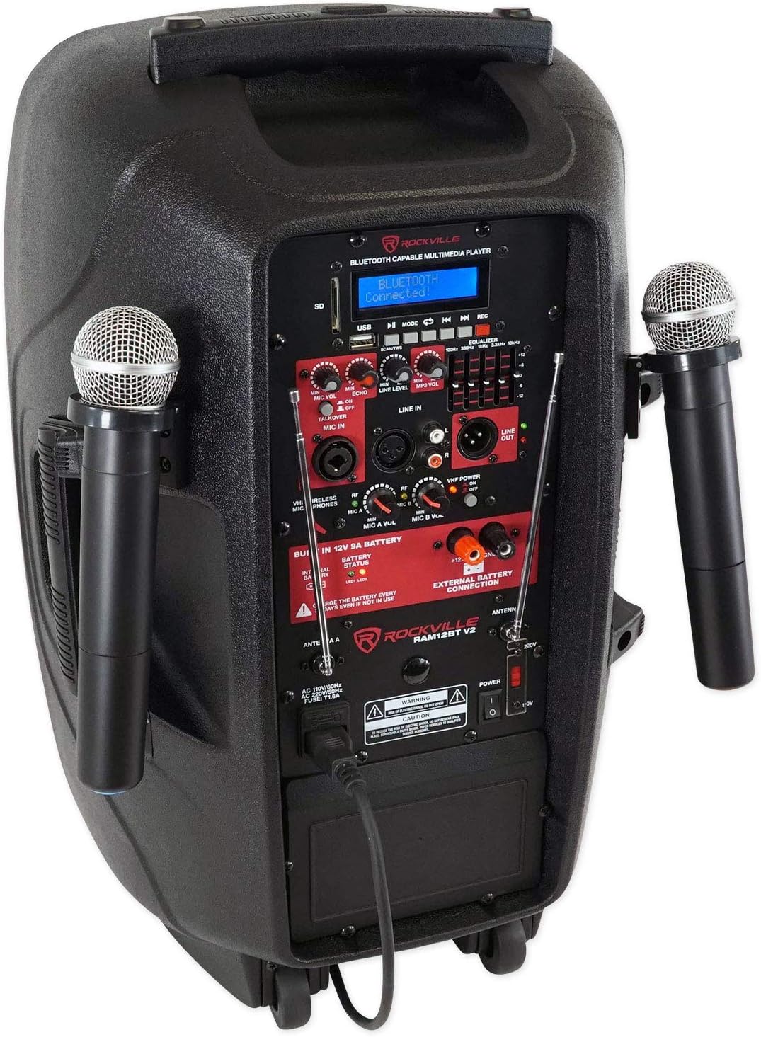 Rockville RAM12BT 12' Rechargable Powered 600W PA Speaker, 2 Mics, Bluetooth