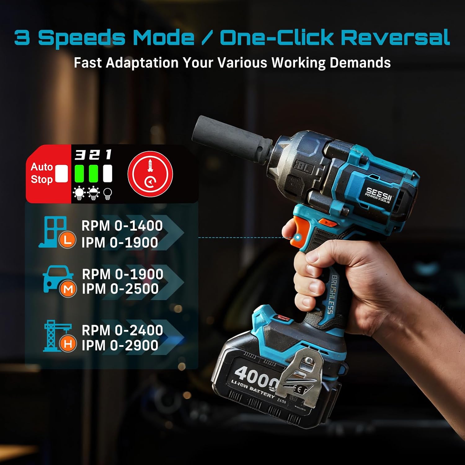 Seesii Impact Wrench 886 Ft-lbs(1200N.m), 1/2 High Torque Impact Gun with 21V 2x4.0Ah Battery, Electric Impact Driver, 2900IPM, 5 Socket, Cordless Impact Wrench for Home Car/Mower/Pickup/Truck RV
