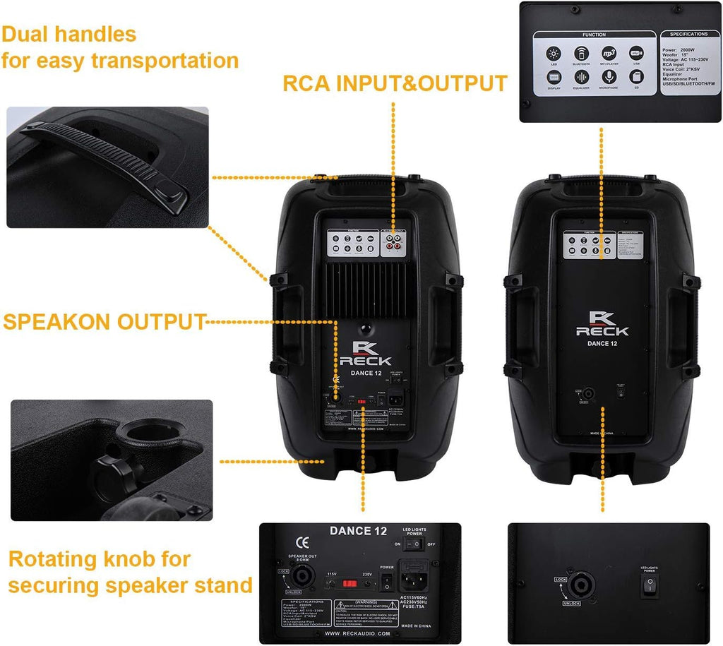 RECK DC 12 Portable 12-Inch 1000 Watts 2-Way Powered Dj/PA Speaker System Combo Set with Bluetooth/USB/SD Card Reader/FM Radio/Remote Control/Speaker Stand/Wired mic