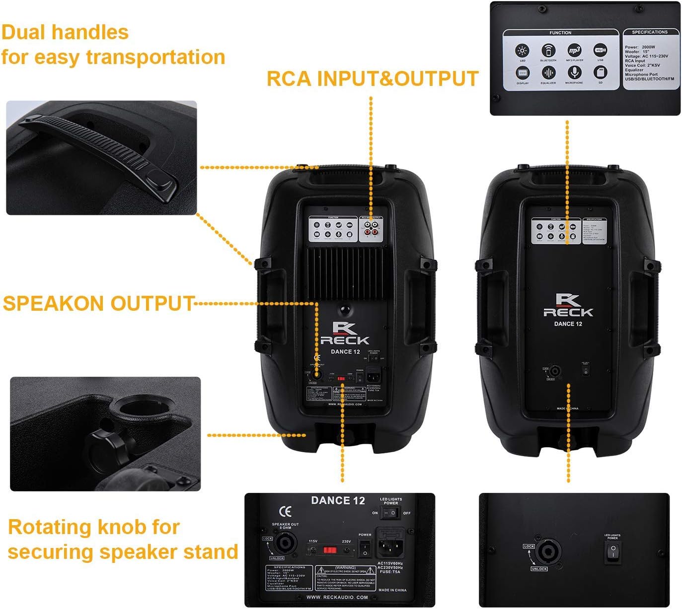 RECK DC 12 Portable 12-Inch 1000 Watts 2-Way Powered Dj/PA Speaker System Combo Set with Bluetooth/USB/SD Card Reader/FM Radio/Remote Control/Speaker Stand/Wired mic