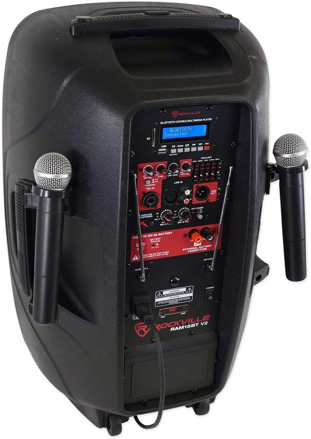 Rockville RAM15BT 15' Rechargable Powered 800W PA Speaker, 2 Mics, Bluetooth