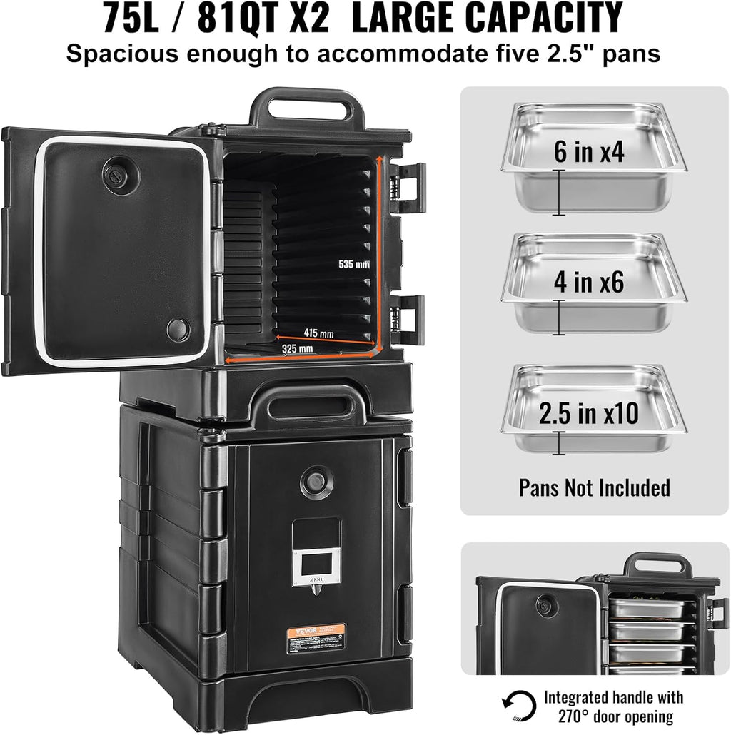 VEVOR Insulated Food Pan Carrier, 81 Qt x 2 Pack Hot Box for Catering, Food Box Carrier with Double Buckles, Front Loading Food Warmer with Handles, Stackable End Loader for Restaurant, Canteen