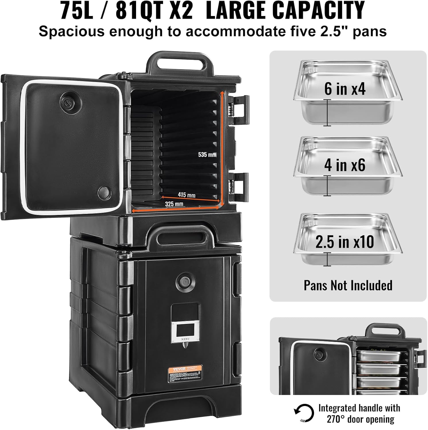 VEVOR Insulated Food Pan Carrier, 81 Qt x 2 Pack Hot Box for Catering, Food Box Carrier with Double Buckles, Front Loading Food Warmer with Handles, Stackable End Loader for Restaurant, Canteen