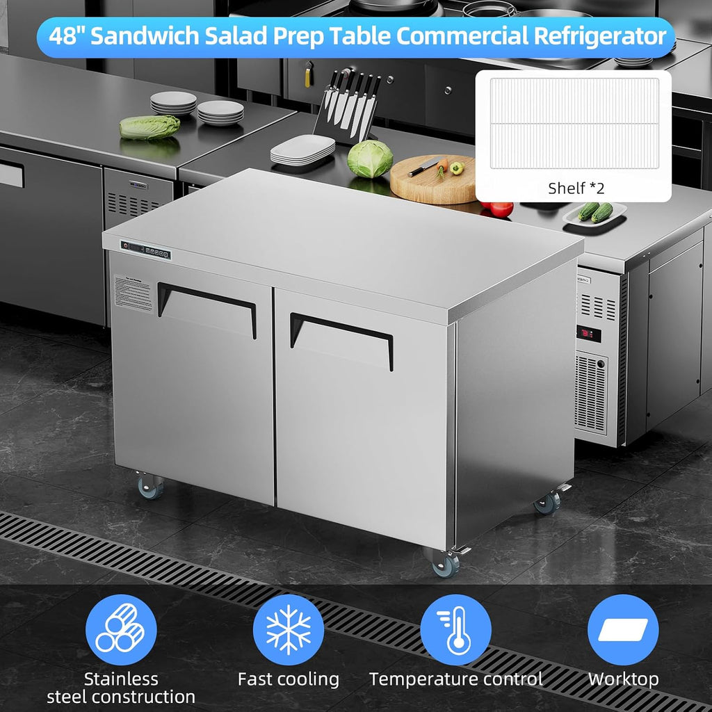 GarveeLife Commercial 48' Double Door Sandwich & Salad Prep Refrigerator – Stainless Steel Undercounter Worktop with Digital Thermostat, Lockable Cold Storage, Heavy-Duty for Restaurant, Bar, Buffet