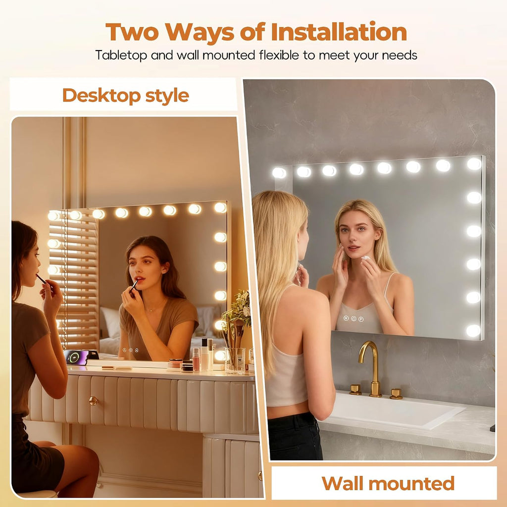 ZL ZELing Vanity Mirror Makeup Mirror with Lights,31.49' x 23.62'Large Tabletop Light up Mirror with 18Bulbs,10X Magnification,USB Charging Port,3 Color Touch Control Dimmable Lights.