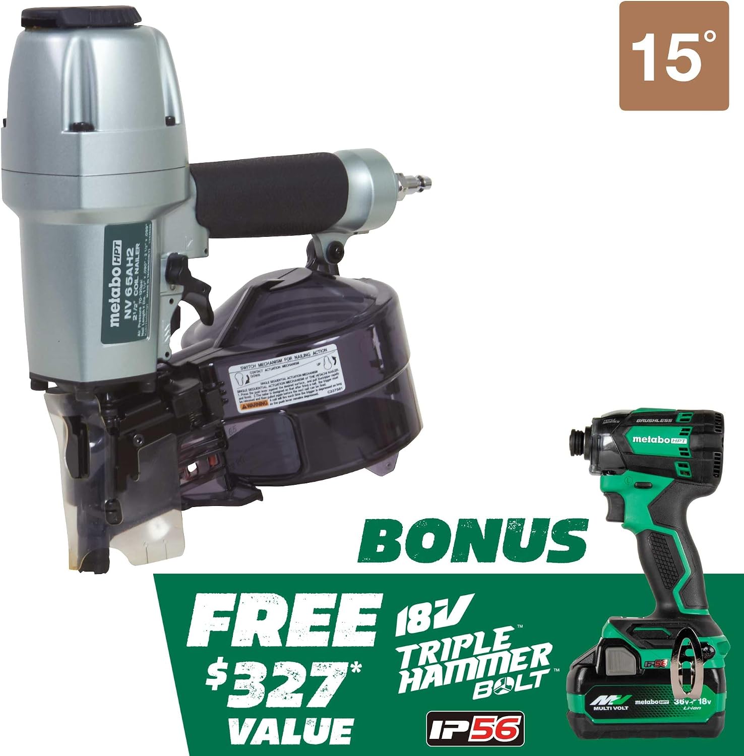 Metabo HPT Pneumatic Siding Nailer + 18V Impact Driver Pro Bundle Kit, 2-1/2 Inch Coil Siding Nailer with BONUS 18V Triple Hammer Impact Driver Kit, KNV65AH2