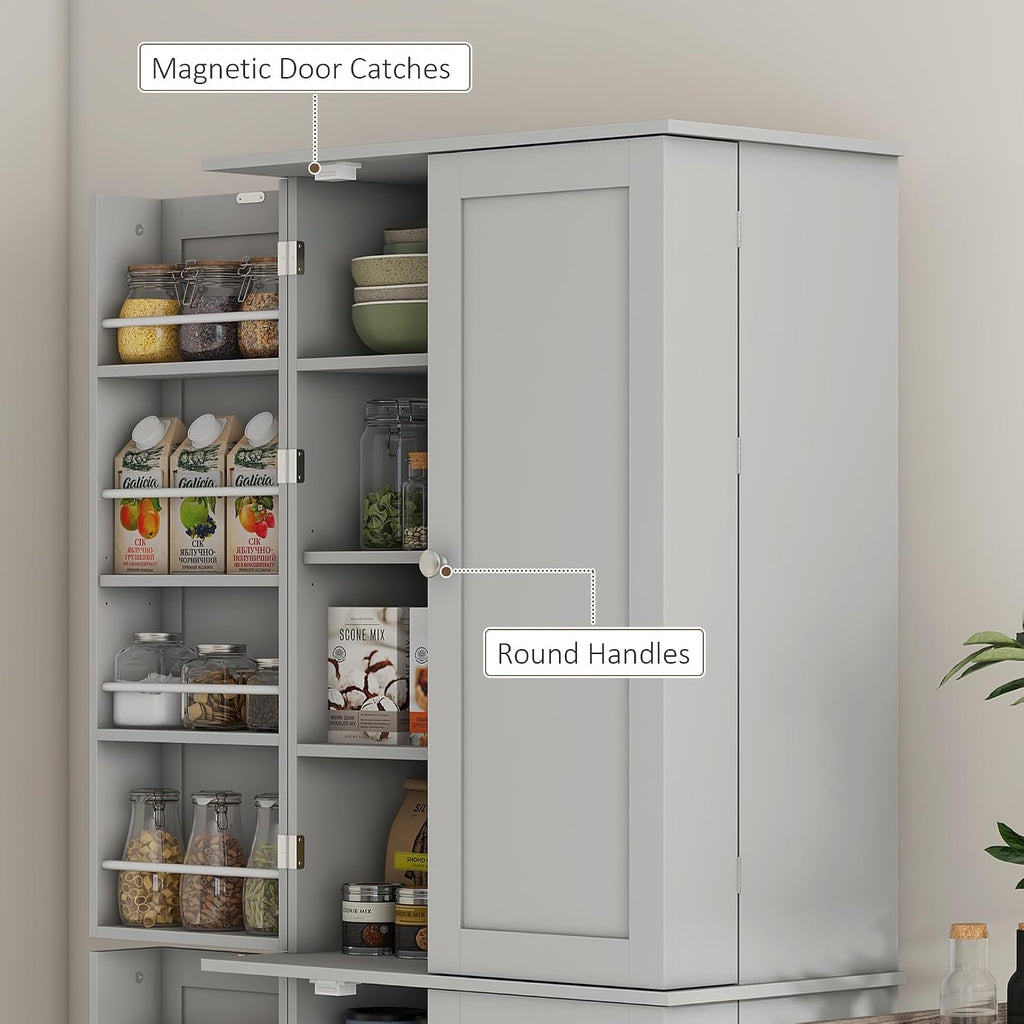 HOMCOM 65' Kitchen Pantry Storage Cabinet, Freestanding Kitchen Cabinet with 16 Door Shelves, Double Doors, 8-Tier Shelving and Adjustable Shelves, Gray