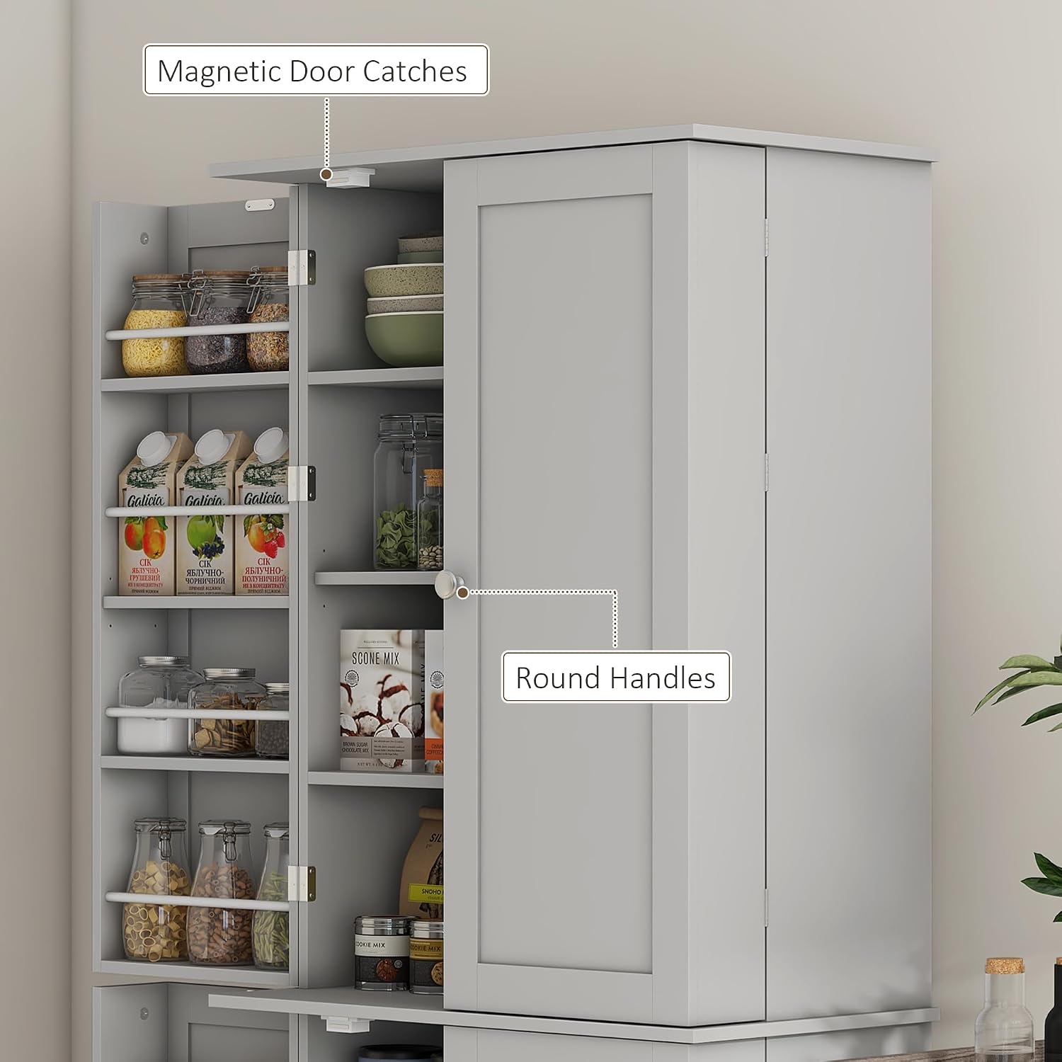 HOMCOM 65' Kitchen Pantry Storage Cabinet, Freestanding Kitchen Cabinet with 16 Door Shelves, Double Doors, 8-Tier Shelving and Adjustable Shelves, Gray