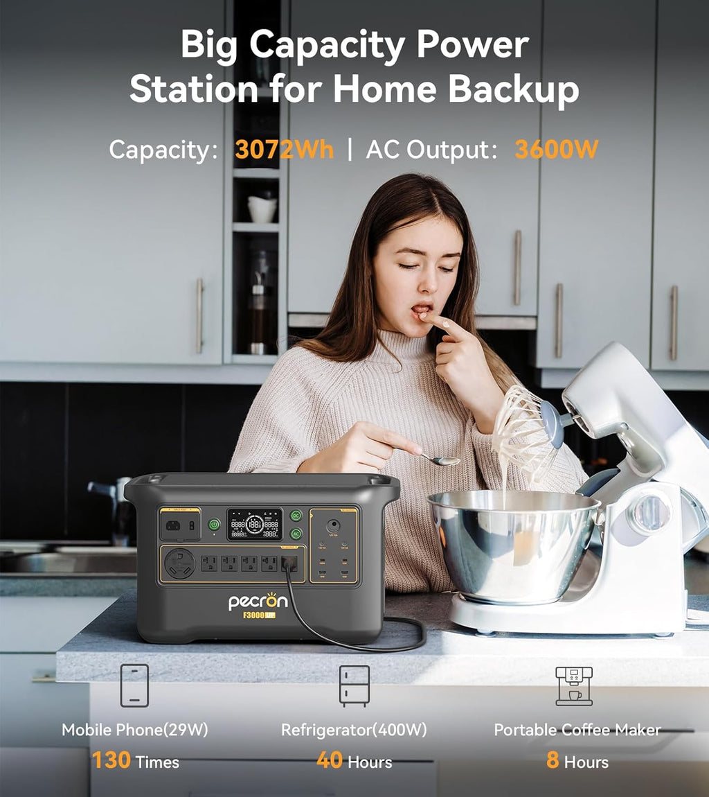 PECRON Portable Power Station F3000LFP with 3840Wh Extra Battery, 200W Solar Panel*3, 3072Wh Solar Camping Generator, 3600W Solar Generator for RV, Home Use, CPAP