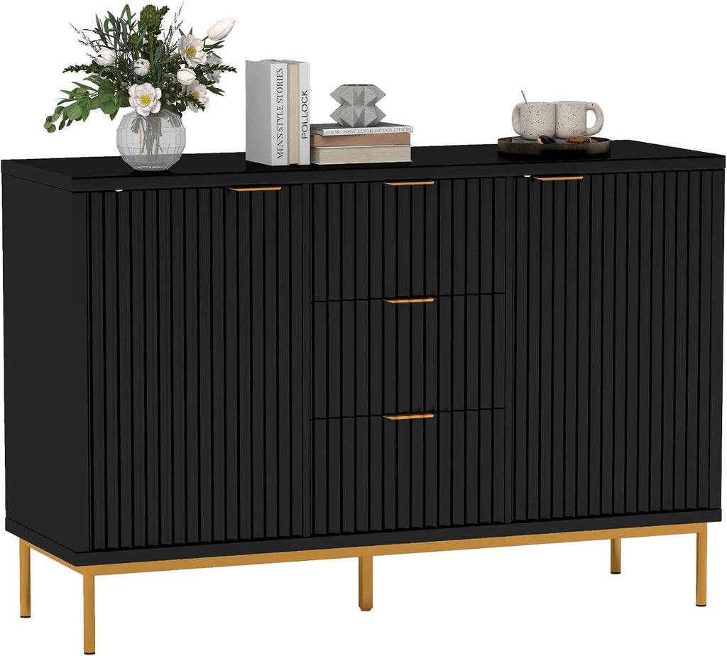 Real Relax Fluted Sideboard Cabinet, Modern Sideboard Buffet Cabinet with Storage, Coffee Bar Credenza Buffet Table with 2 Doors 3 Drawers for Kitchen, Living, Dining Room, Black
