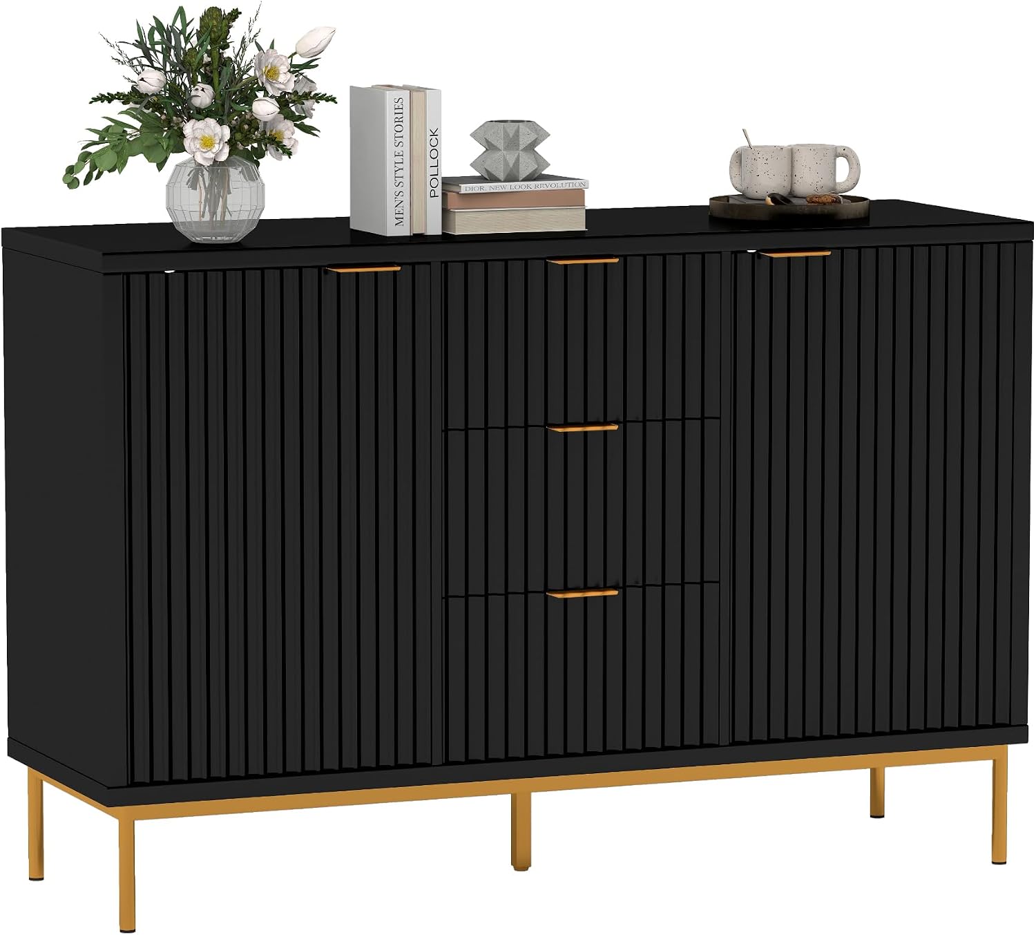Real Relax Fluted Sideboard Cabinet, Modern Sideboard Buffet Cabinet with Storage, Coffee Bar Credenza Buffet Table with 2 Doors 3 Drawers for Kitchen, Living, Dining Room, Black