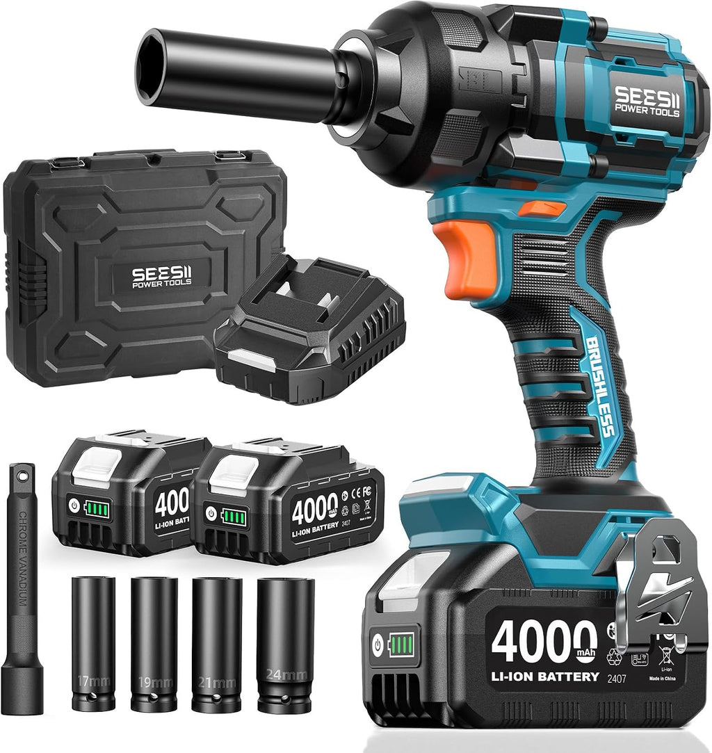 Seesii Impact Wrench 886 Ft-lbs(1200N.m), 1/2 High Torque Impact Gun with 21V 2x4.0Ah Battery, Electric Impact Driver, 2900IPM, 5 Socket, Cordless Impact Wrench for Home Car/Mower/Pickup/Truck RV