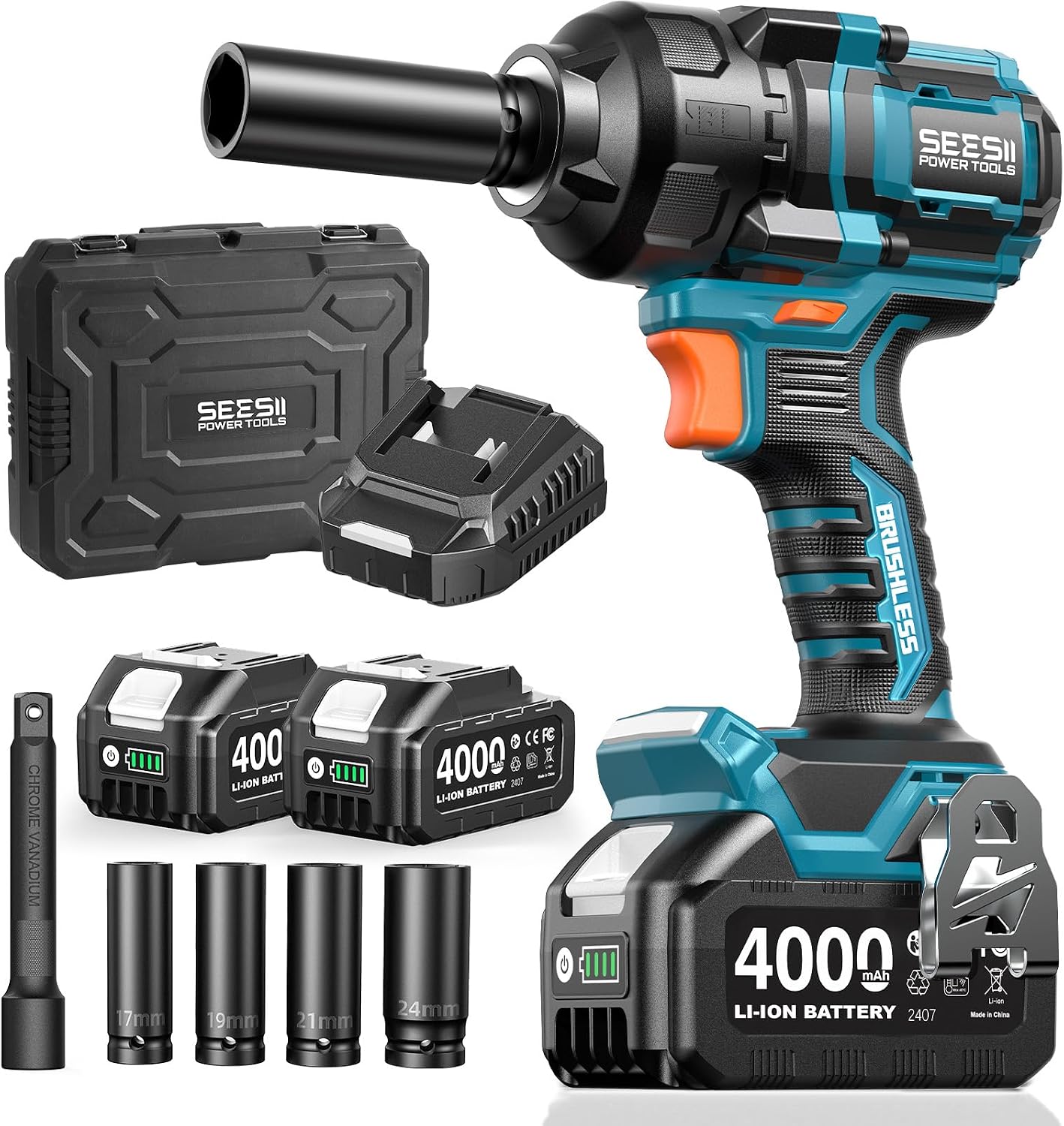 Seesii Impact Wrench 886 Ft-lbs(1200N.m), 1/2 High Torque Impact Gun with 21V 2x4.0Ah Battery, Electric Impact Driver, 2900IPM, 5 Socket, Cordless Impact Wrench for Home Car/Mower/Pickup/Truck RV