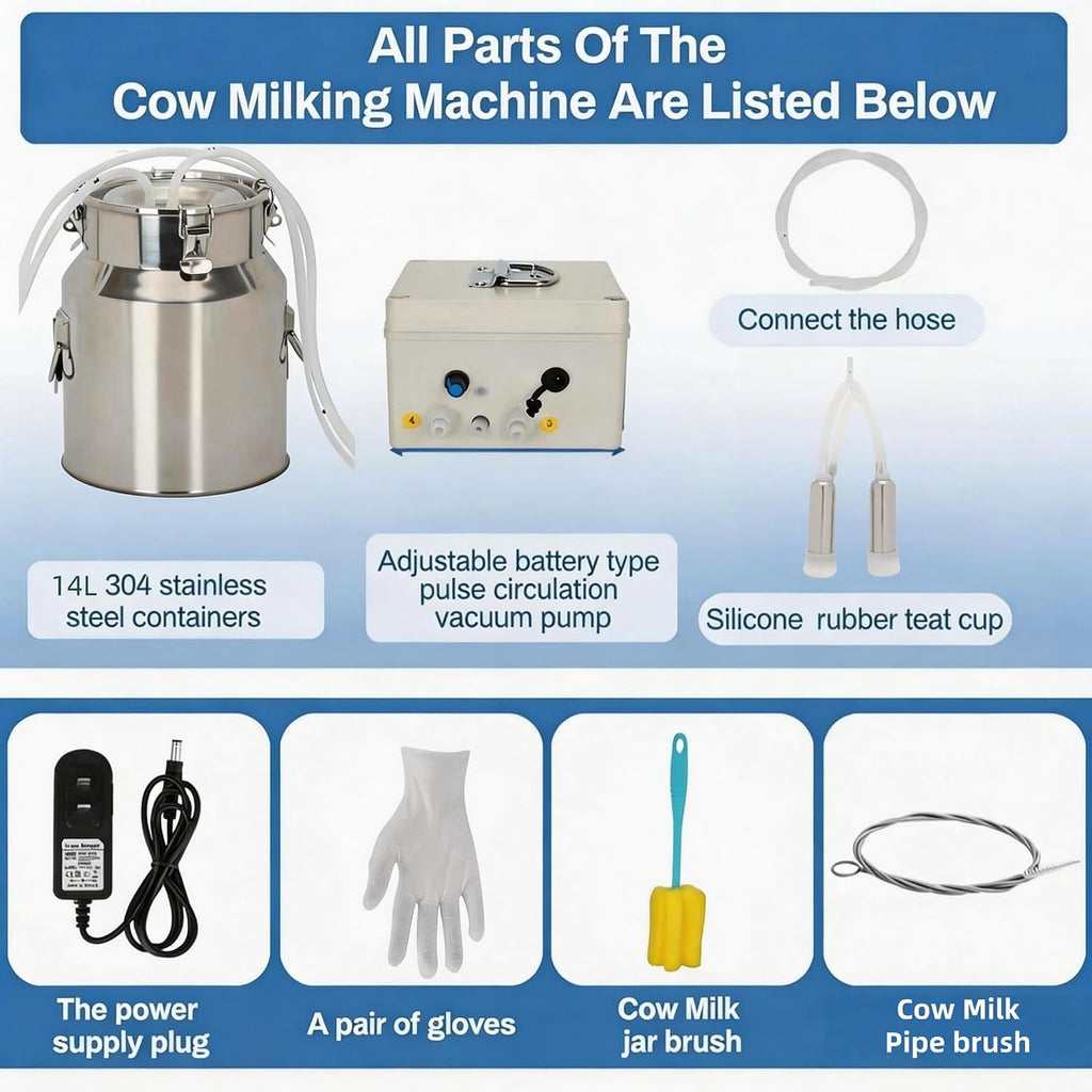 14L Cow Milking Machine, Rechargeable Battery Adjustable Pulse Vacuum Electric Cow Milking Machine,Portable Milking Machine,Individual Pulsation Adjustment, Udder Protection