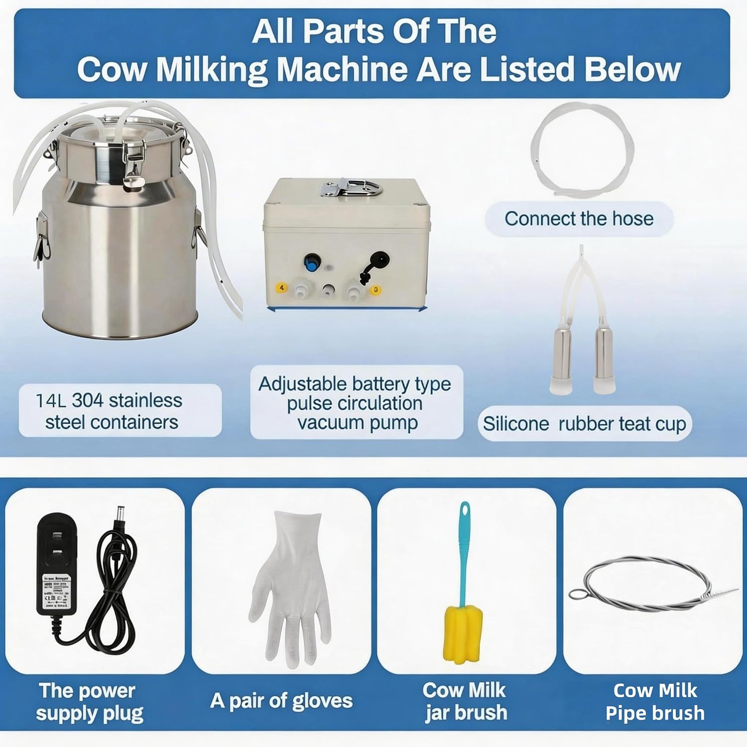 14L Cow Milking Machine, Rechargeable Battery Adjustable Pulse Vacuum Electric Cow Milking Machine,Portable Milking Machine,Individual Pulsation Adjustment, Udder Protection