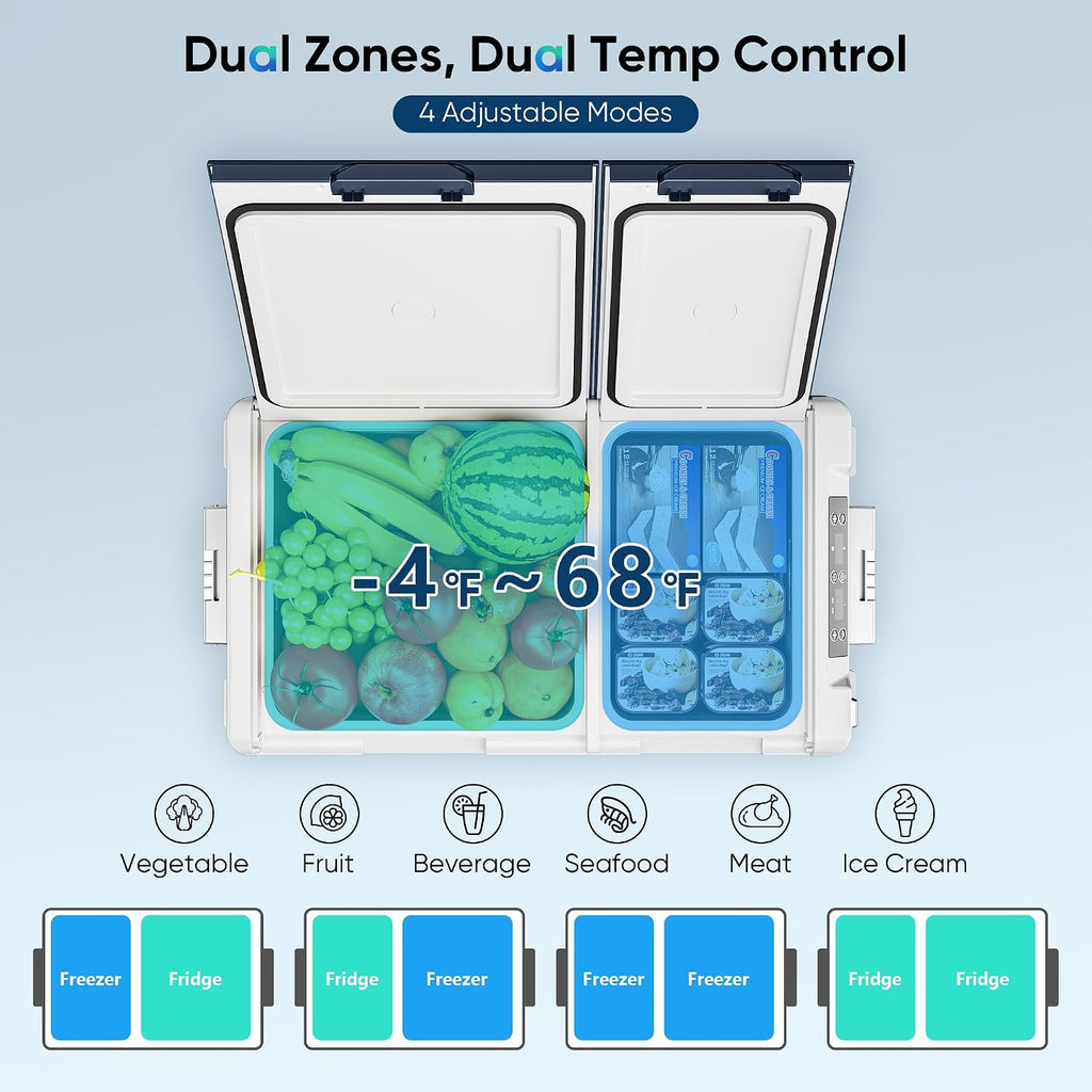 Feelfunn 12 Volt Refrigerator Car Fridge - 40QT(38L) Dual Zone Electric Cooler, Car Refrigerator -4℉~68℉, Portable Refrigerator 12/24V DC 100-240V AC, Portable Freezer for Travel Camping RV Home