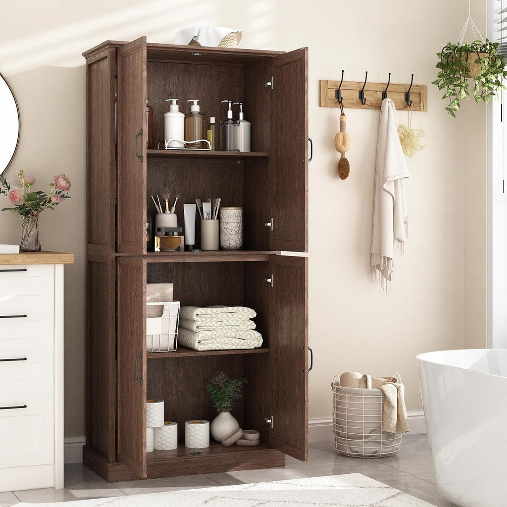 Tradare 71'' Tall Pantry Cabinet Set of 3, Farmhouse Kitchen Pantry Storage Cabinet with Barn Door and Adjustable Shelves, Rustic Wood Freestanding Cupboard for Kitchen, Dining Room, Brown