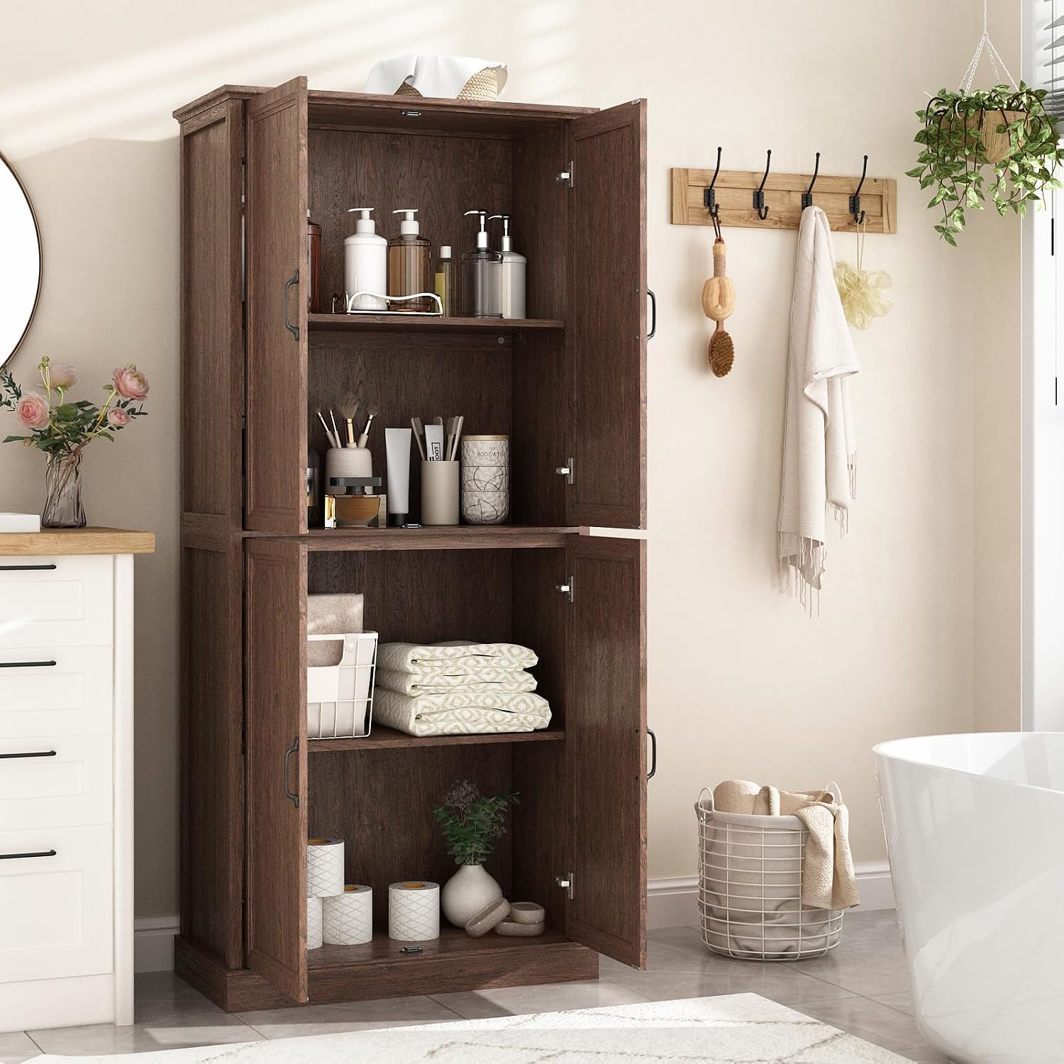 Tradare 71'' Tall Pantry Cabinet Set of 3, Farmhouse Kitchen Pantry Storage Cabinet with Barn Door and Adjustable Shelves, Rustic Wood Freestanding Cupboard for Kitchen, Dining Room, Brown