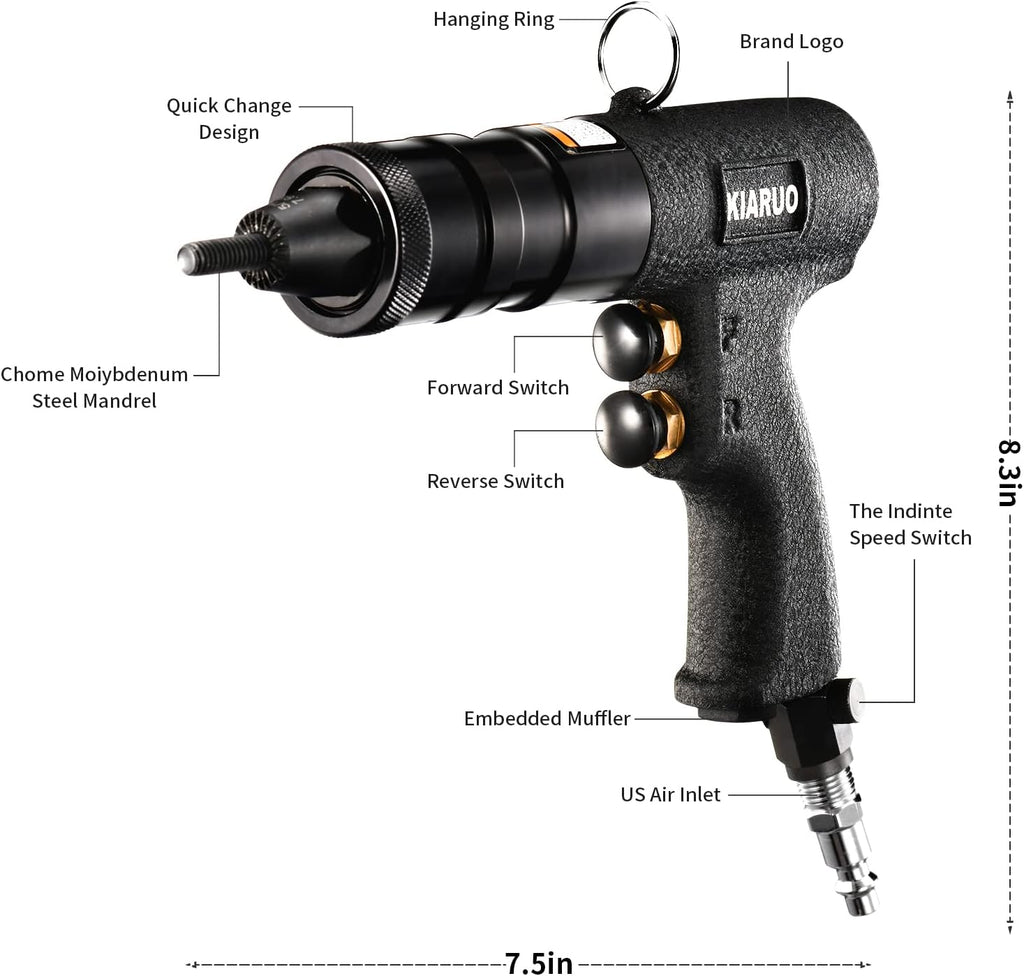 Pneumatic Rivet Nut Gun 8-32,10-24,1/4-20 with Replacement Mandrels, RPM 1500 Industrial Grade Pull Rivnut Gun MODEI:LM08 Button Switch