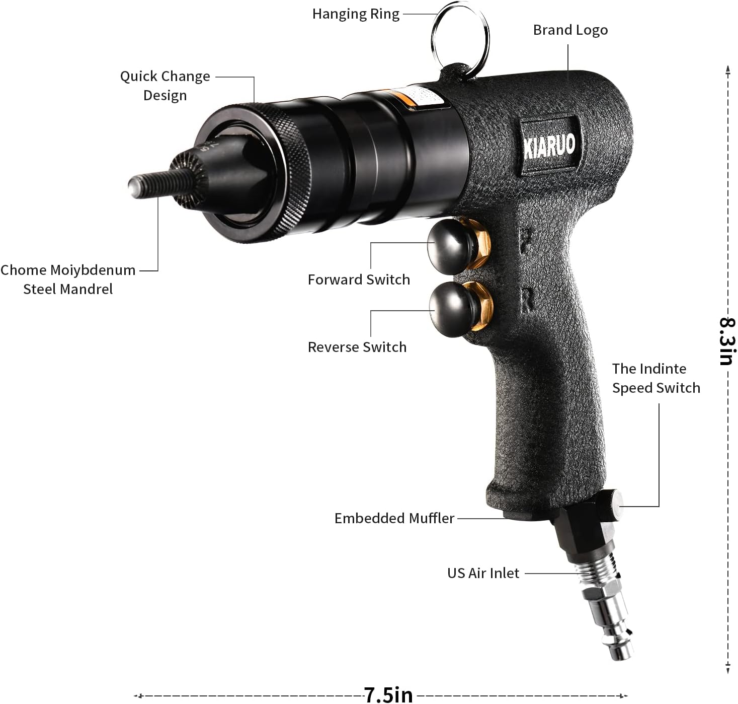 Pneumatic Rivet Nut Gun 8-32,10-24,1/4-20 with Replacement Mandrels, RPM 1500 Industrial Grade Pull Rivnut Gun MODEI:LM08 Button Switch
