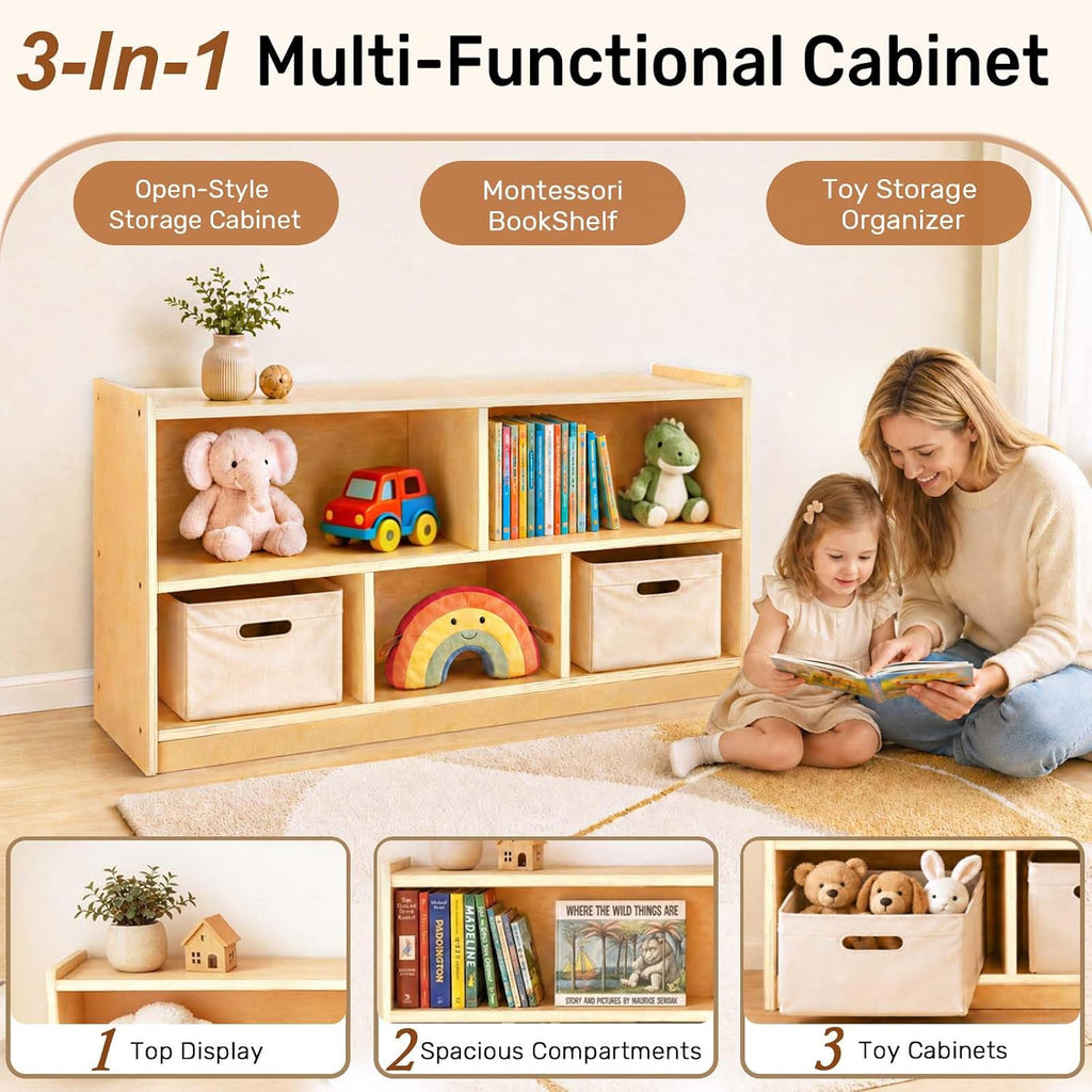 WINGYZ Montessori Bookshelf, 5-Section Wooden Storage Cabinet, Toy Storage Organizer with Kids Bookshelf, FSC Safety Montessori Toy Book Shelf for Kids Rooms, Classroom, Playroom, Daycare, Preschool