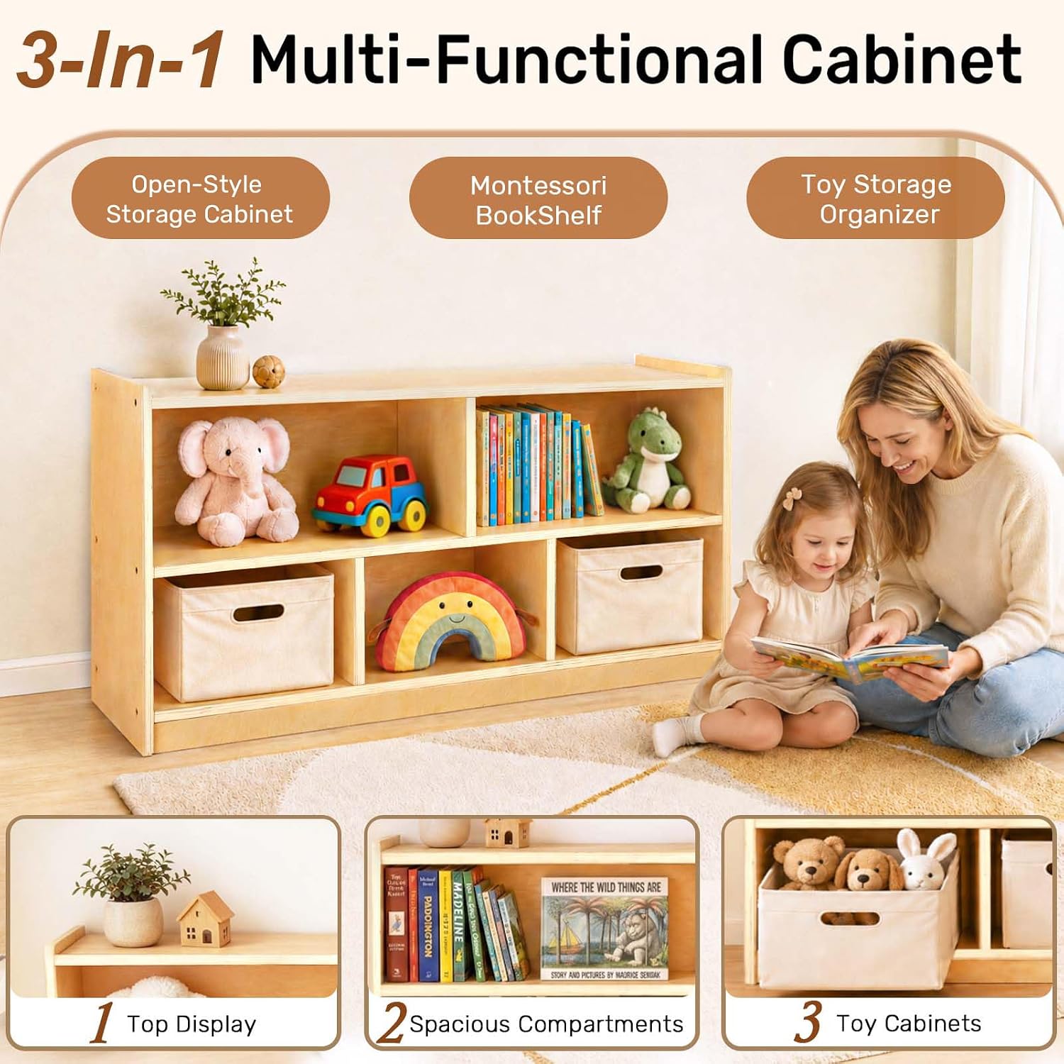 WINGYZ Montessori Bookshelf, 5-Section Wooden Storage Cabinet, Toy Storage Organizer with Kids Bookshelf, FSC Safety Montessori Toy Book Shelf for Kids Rooms, Classroom, Playroom, Daycare, Preschool