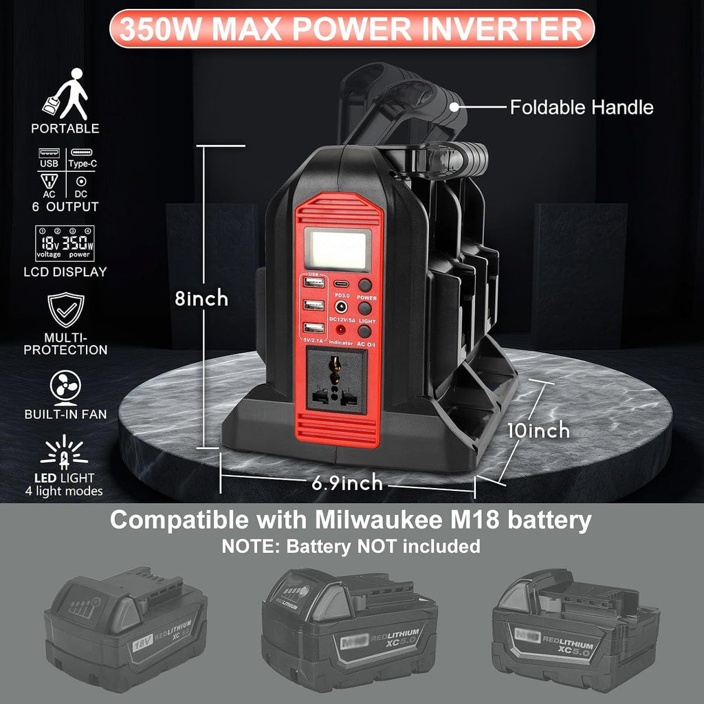 DC 18V to AC 120V Power Inverter Compatible with Milwaukee M18 18V Battery, 350W Pure Sine Wave Portable Power Inverter Converter with LCD Display and LED Light, 4 Battery Port