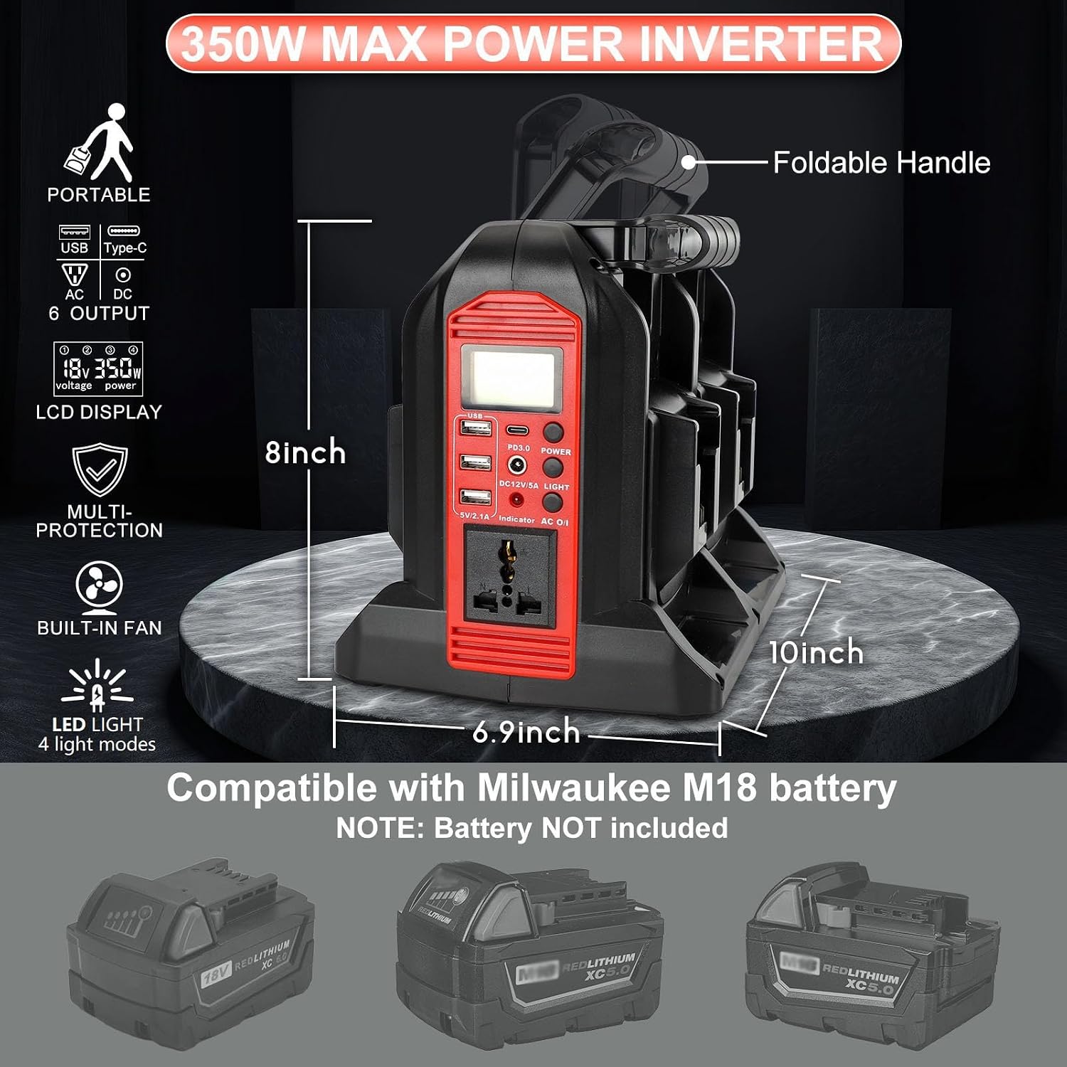 DC 18V to AC 120V Power Inverter Compatible with Milwaukee M18 18V Battery, 350W Pure Sine Wave Portable Power Inverter Converter with LCD Display and LED Light, 4 Battery Port
