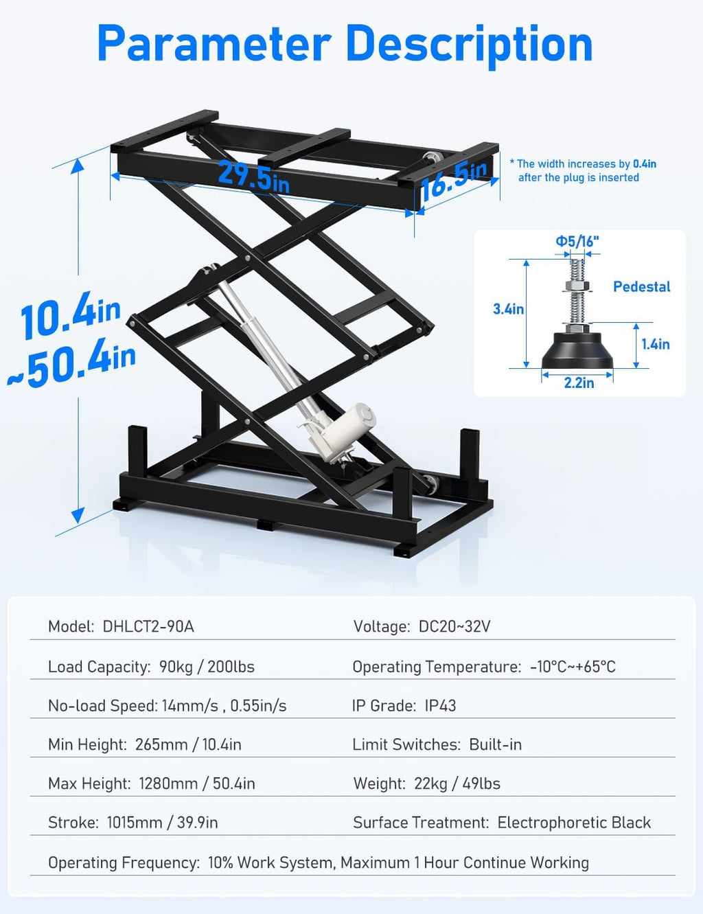 DIHOOL Electric Scissor Lift Table, 200Lbs, 10.43'-50.39' Height Adjustable Lifting Platform, Super Quiet with Remote & WiFi Control, Obstruction Detection, AC/DC Power for Home/Industrial Use