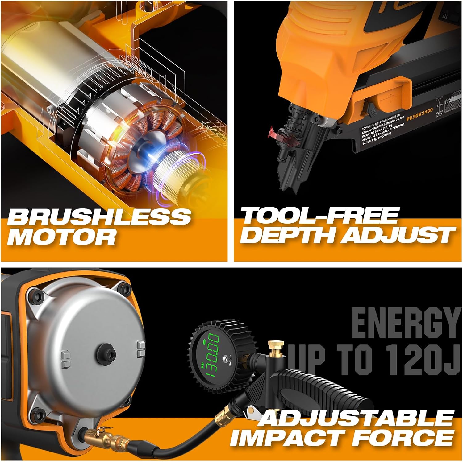 Freeman F20 20V Cordless Brushless Framing Nailer – 34-Degree, 3-1/2' Nails, Dual Mode, Depth Adjust, Includes 4.0Ah Lithium-Ion Battery, Charger, and Bag, PE20V3490