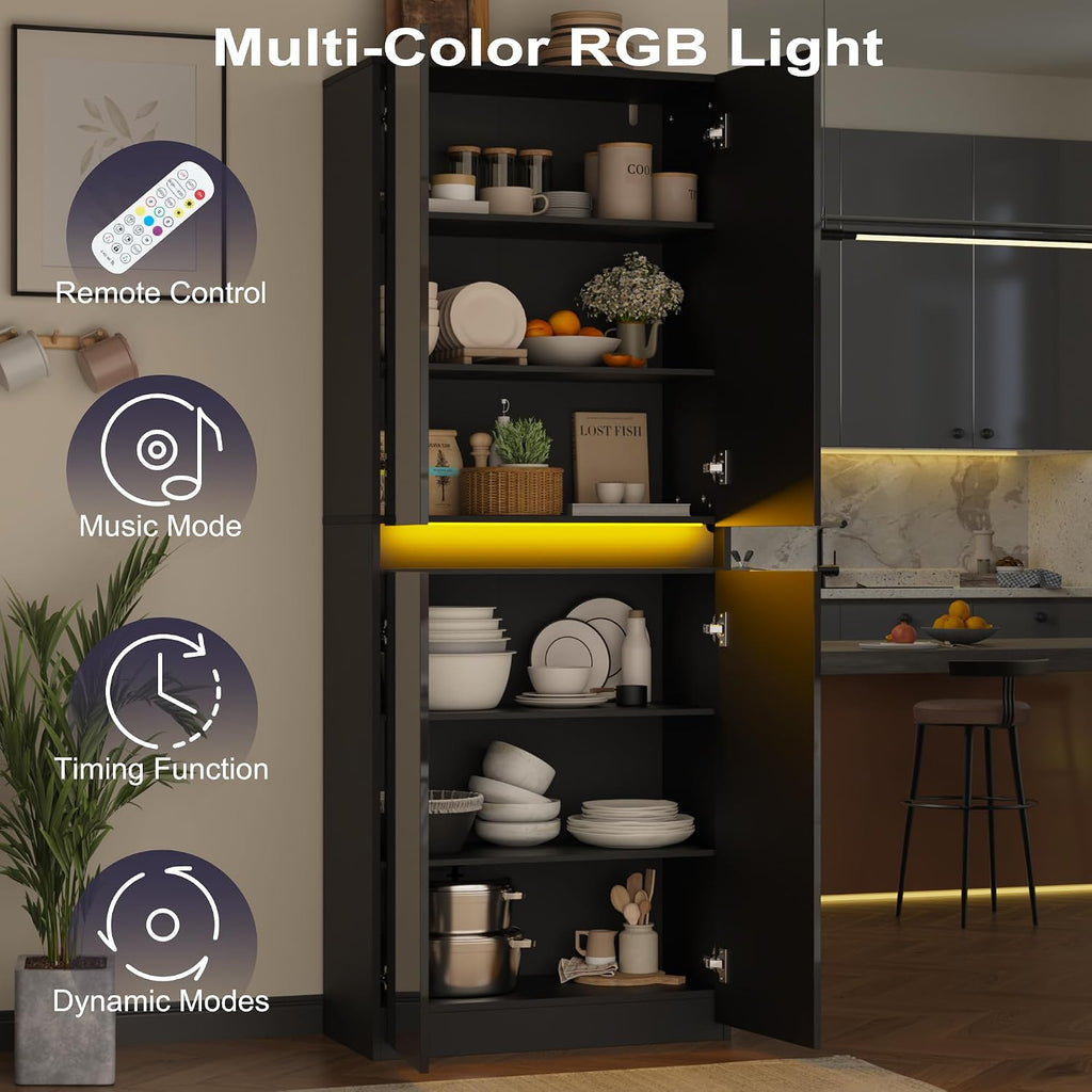 Furnify 71' Tall Pantry Storage Cabinet, Kitchen Pantry with High Gloss Doors, Modern Buffet Hutch Cabinet with Led Light and Adjustable Shelves for Dining Room, Living Room, Black