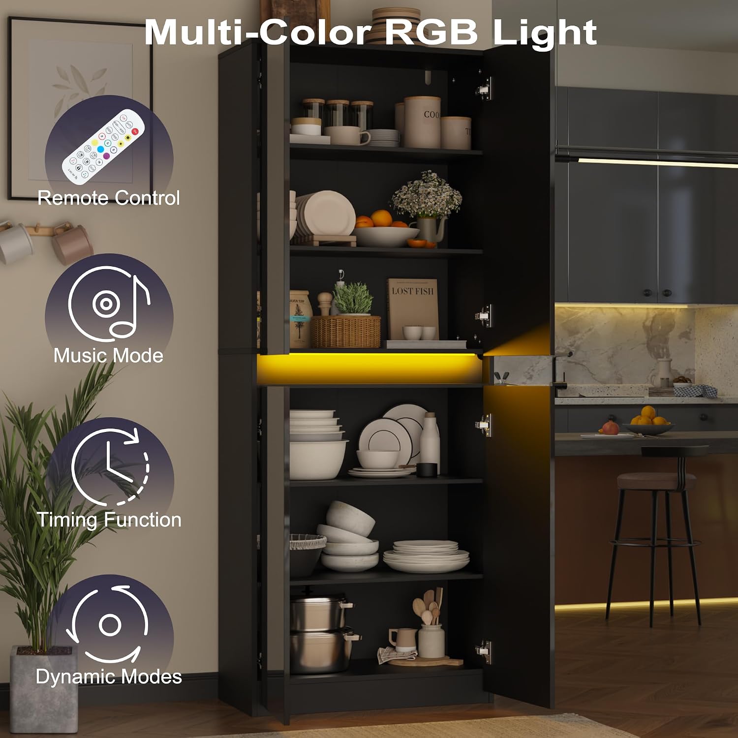 Furnify 71' Tall Pantry Storage Cabinet, Kitchen Pantry with High Gloss Doors, Modern Buffet Hutch Cabinet with Led Light and Adjustable Shelves for Dining Room, Living Room, Black