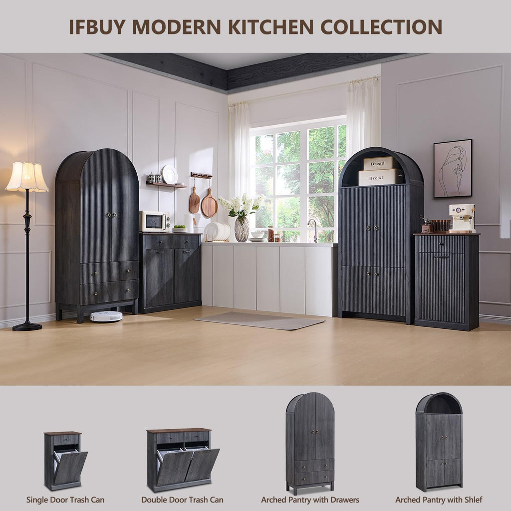 IFBUY 71' Tall Arched Bathroom Storage Cabinet, Modern Fluted Storage Cabinet w/Doors, 3 Adjustable Shelves, 6 Door Shelves, Wood Freestanding Cabinet for Bathroom, Entryway, Hallway, Dark Grey
